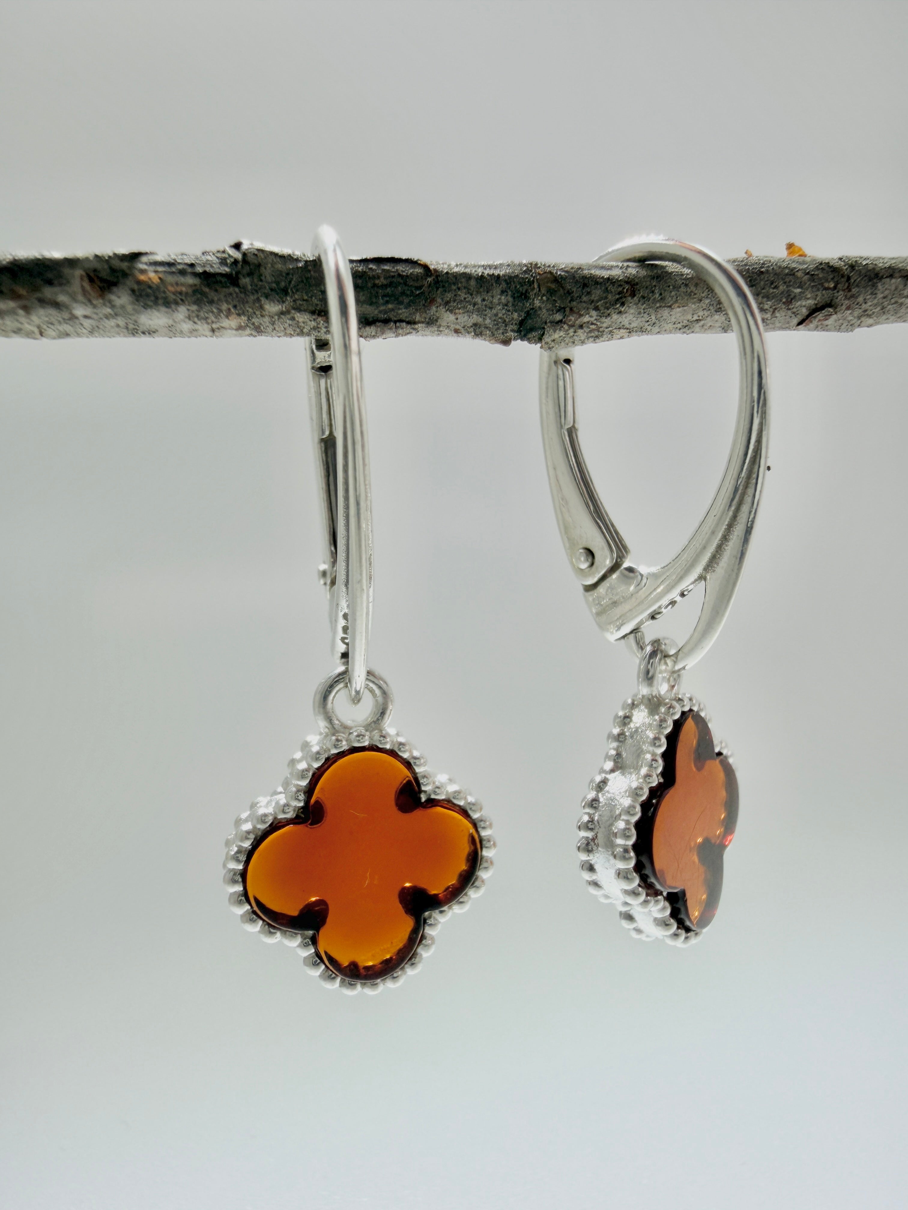 Handmade in Poland Sterling Silver & Genuine Baltic Amber Clover Necklace & Earrings Set