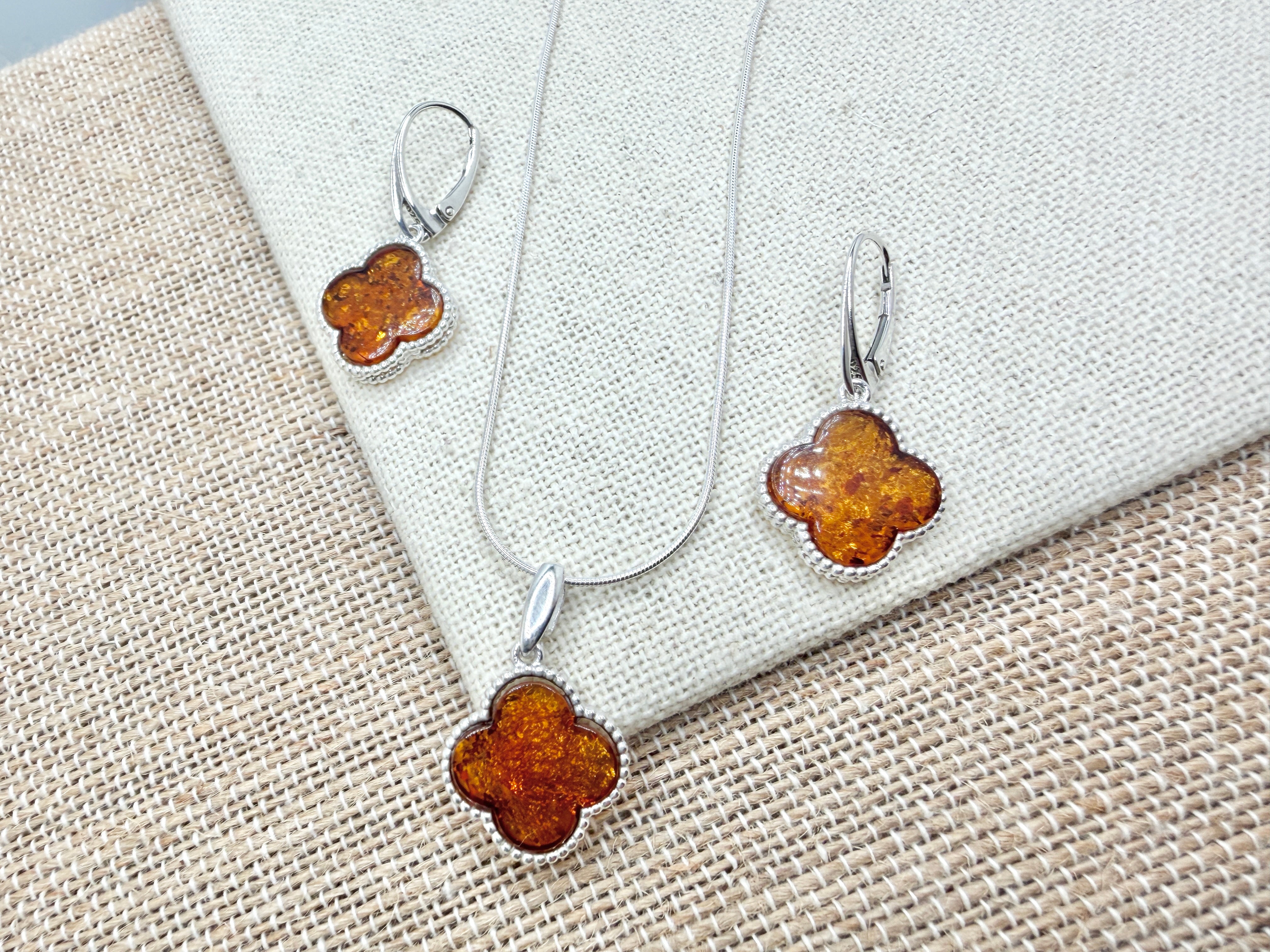 Handmade in Poland Sterling Silver & Genuine Baltic Amber Clover Necklace & Earrings Set
