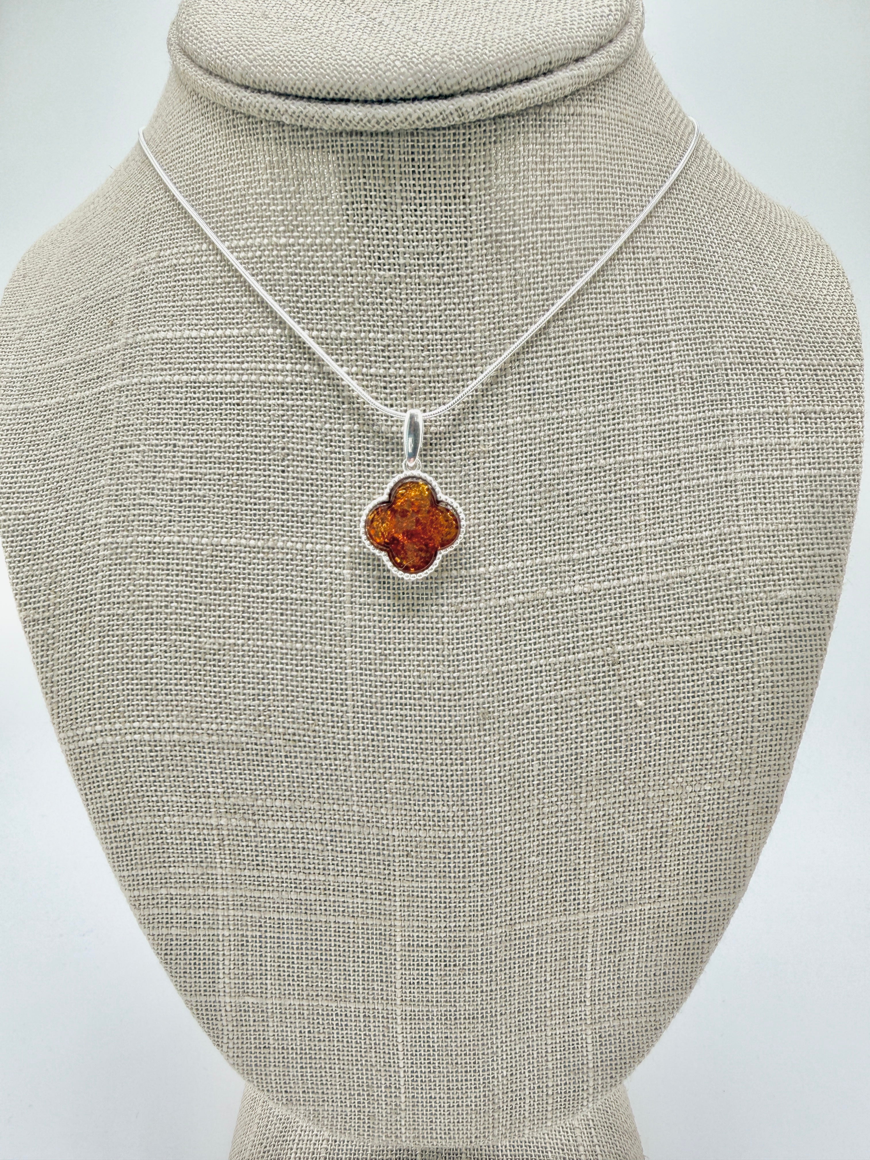 Handmade in Poland Sterling Silver & Genuine Baltic Amber Clover Necklace & Earrings Set