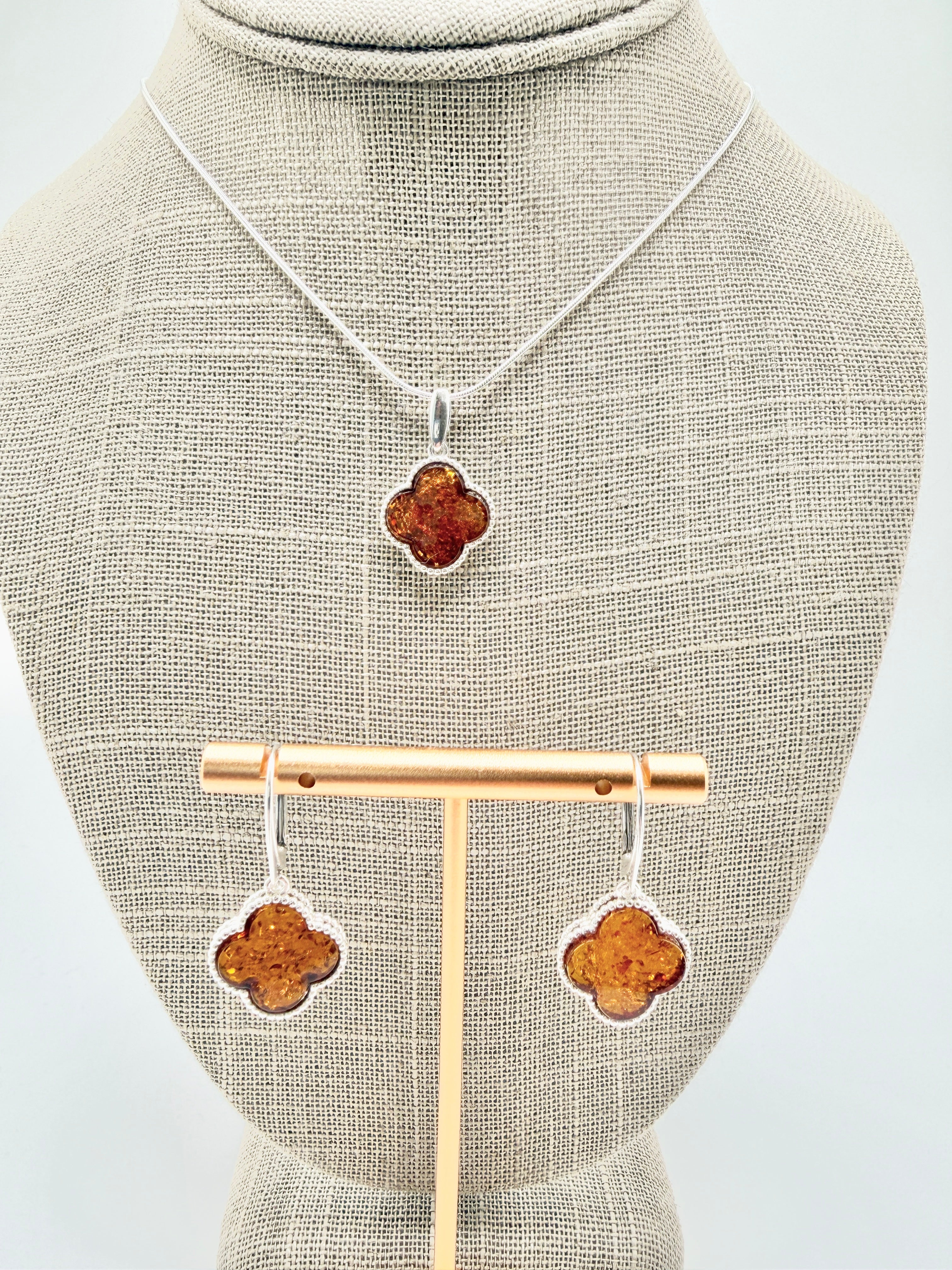 Handmade in Poland Sterling Silver & Genuine Baltic Amber Clover Necklace & Earrings Set