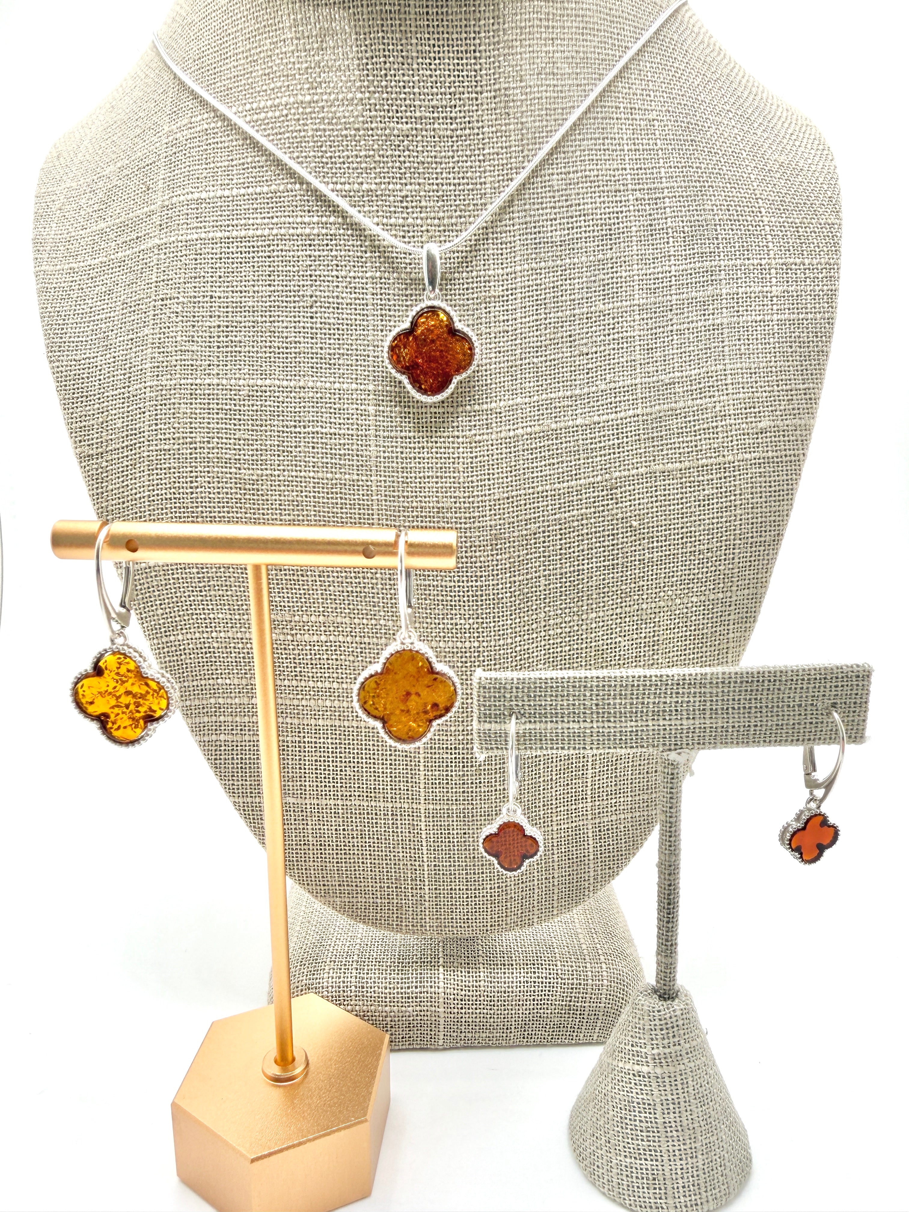 Handmade in Poland Sterling Silver & Genuine Baltic Amber Clover Necklace & Earrings Set