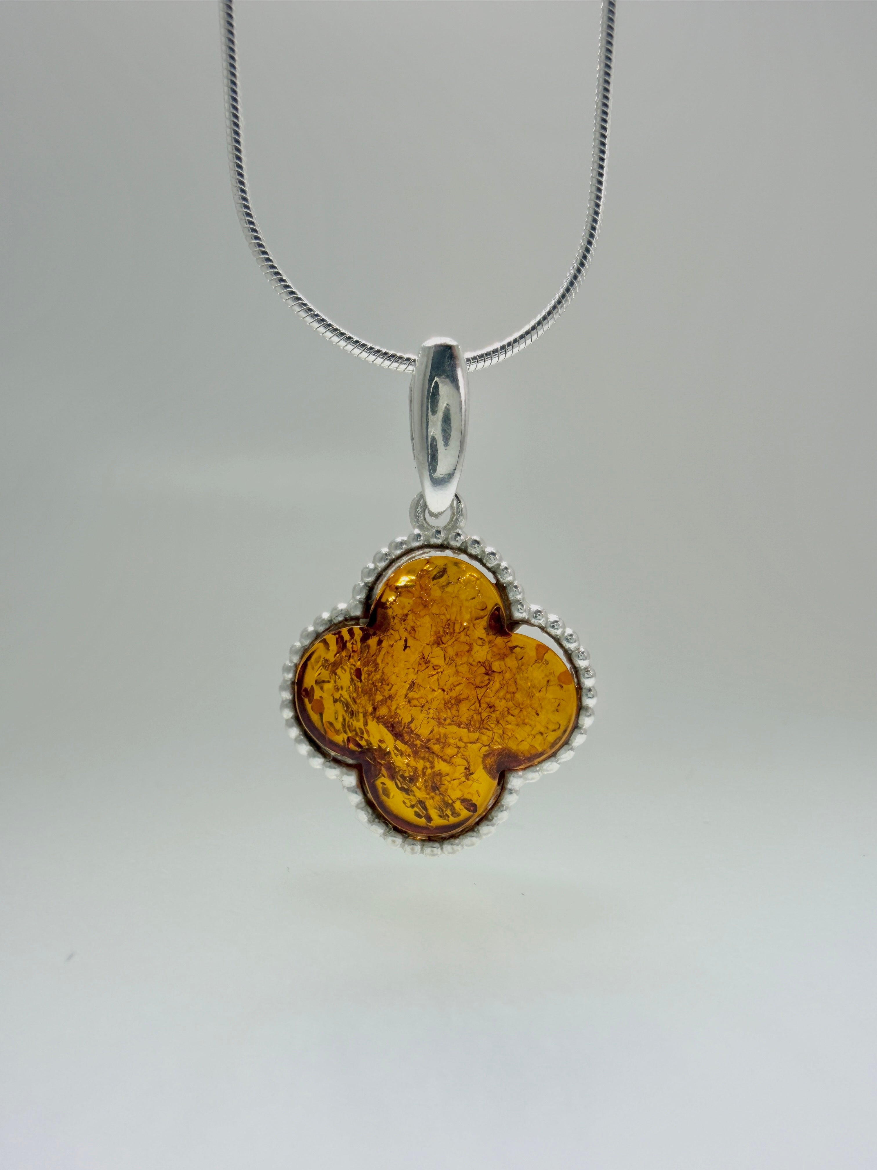 Handmade in Poland Sterling Silver & Genuine Baltic Amber Clover Necklace & Earrings Set