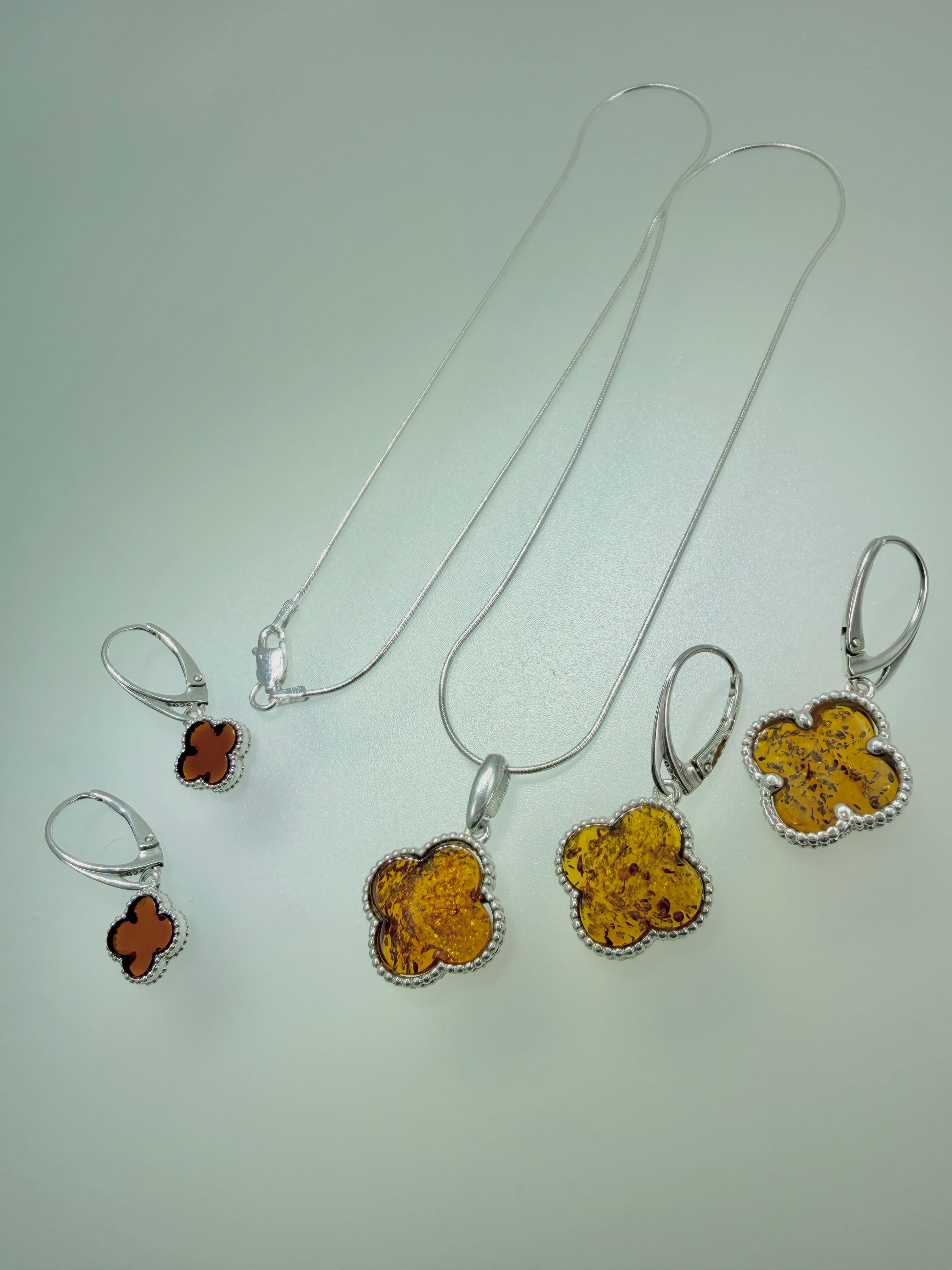 Handmade in Poland Sterling Silver & Genuine Baltic Amber Clover Necklace & Earrings Set