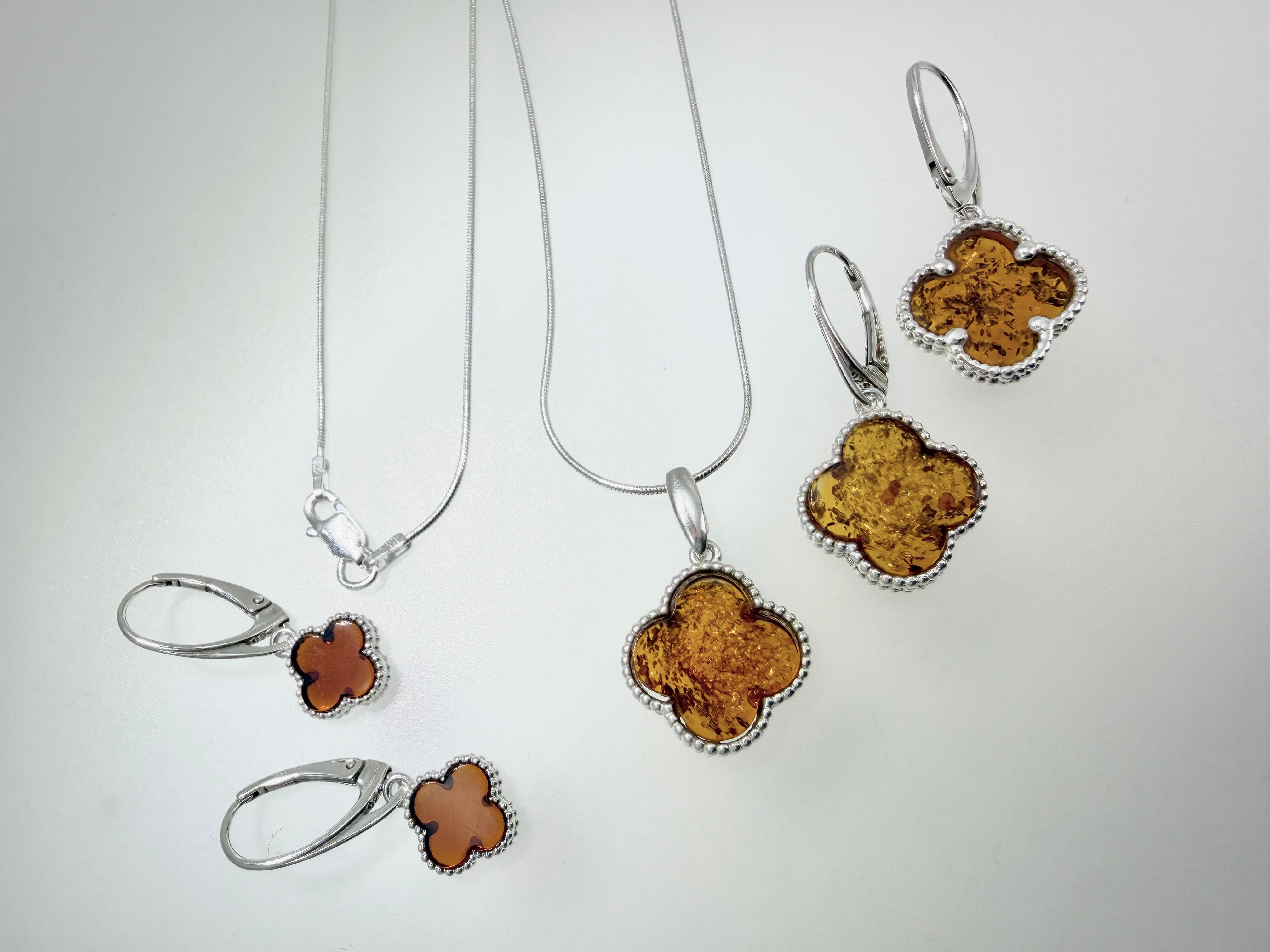 Handmade in Poland Sterling Silver & Genuine Baltic Amber Clover Necklace & Earrings Set
