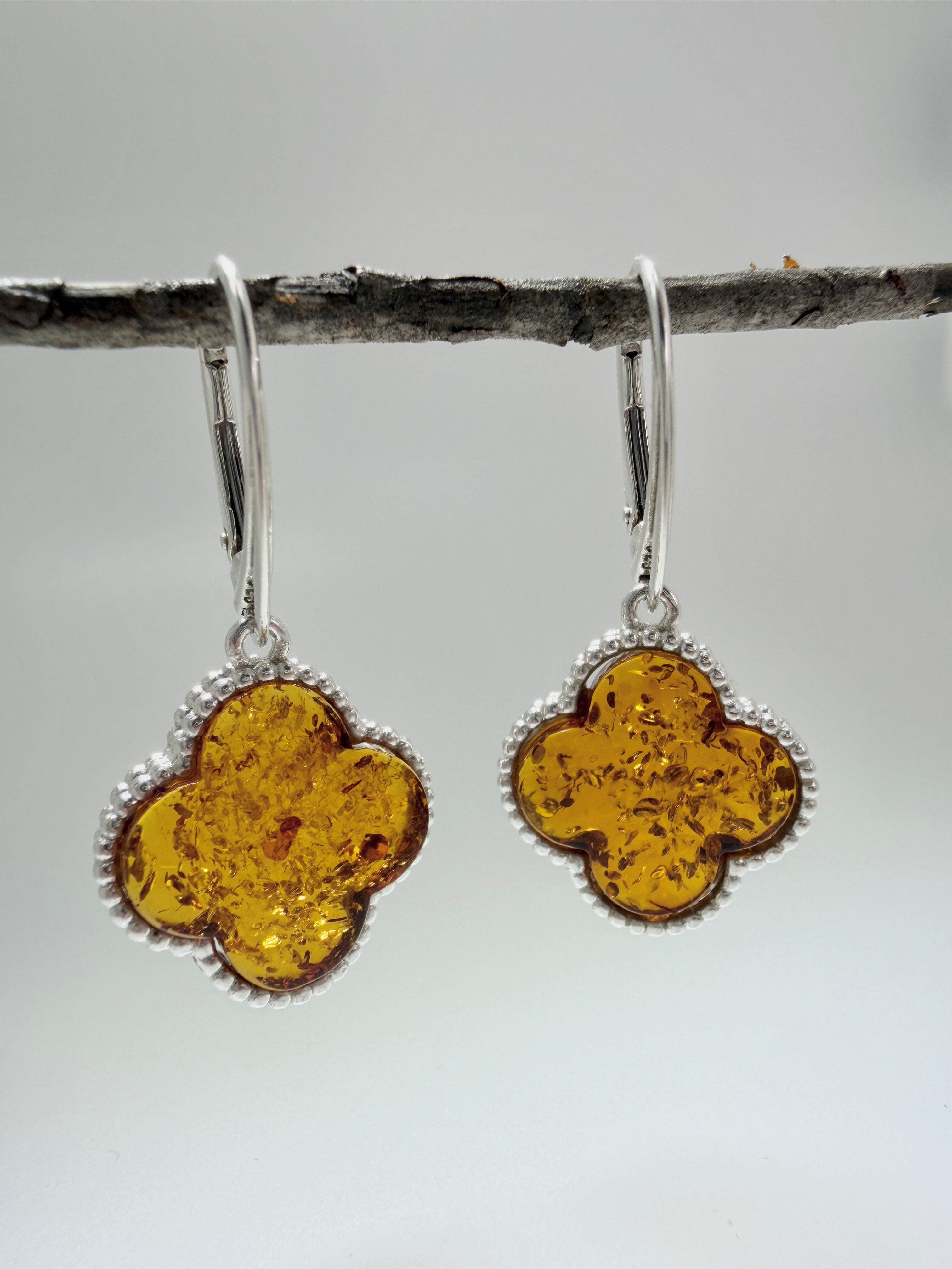 Handmade in Poland Sterling Silver & Genuine Baltic Amber Clover Necklace & Earrings Set