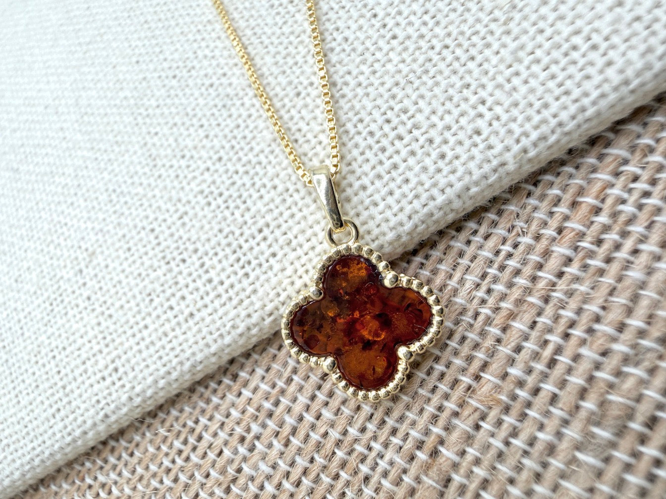 Handmade in Poland Sterling Silver & Genuine Baltic Amber Clover Necklace & Earrings Set