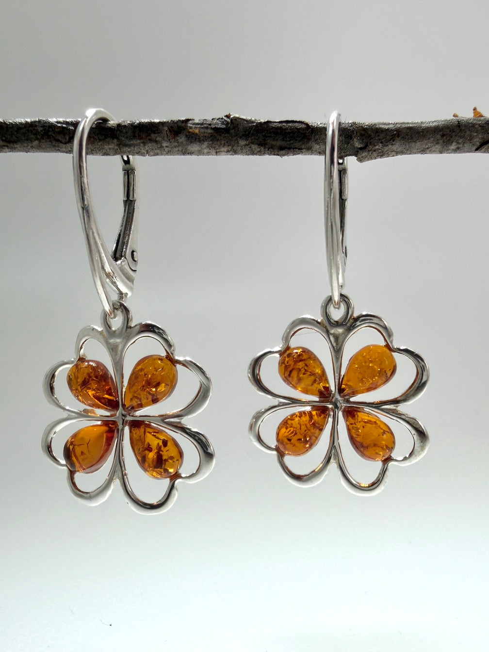 Handmade in Poland – Sterling Silver & Genuine Baltic Amber Drop Lever Back Earrings