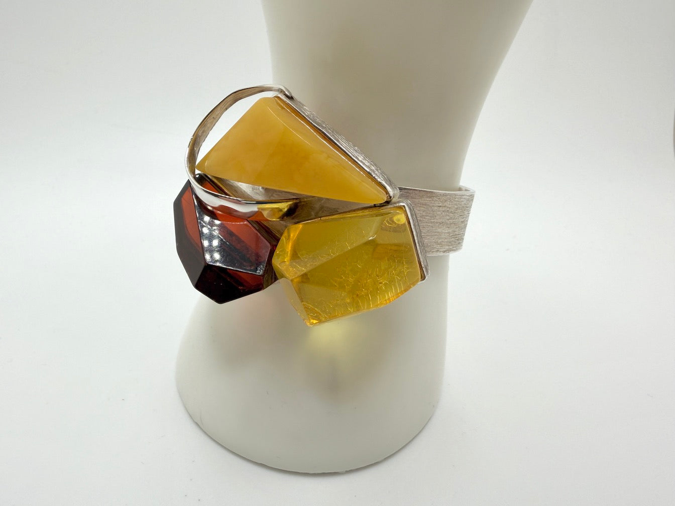 Handmade in Poland • Sterling Silver & Genuine Baltic Amber Modern Cuff Bracelet