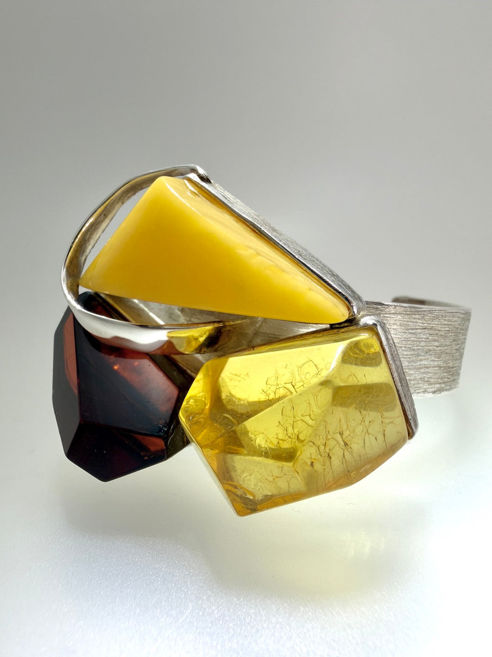Handmade in Poland • Sterling Silver & Genuine Baltic Amber Modern Cuff Bracelet
