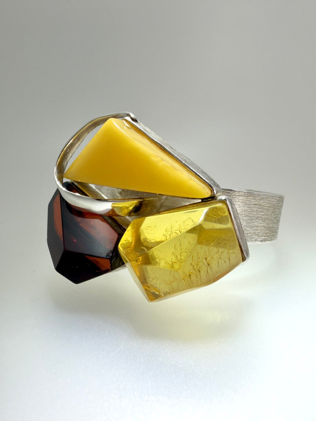 Handmade in Poland • Sterling Silver & Genuine Baltic Amber Modern Cuff Bracelet