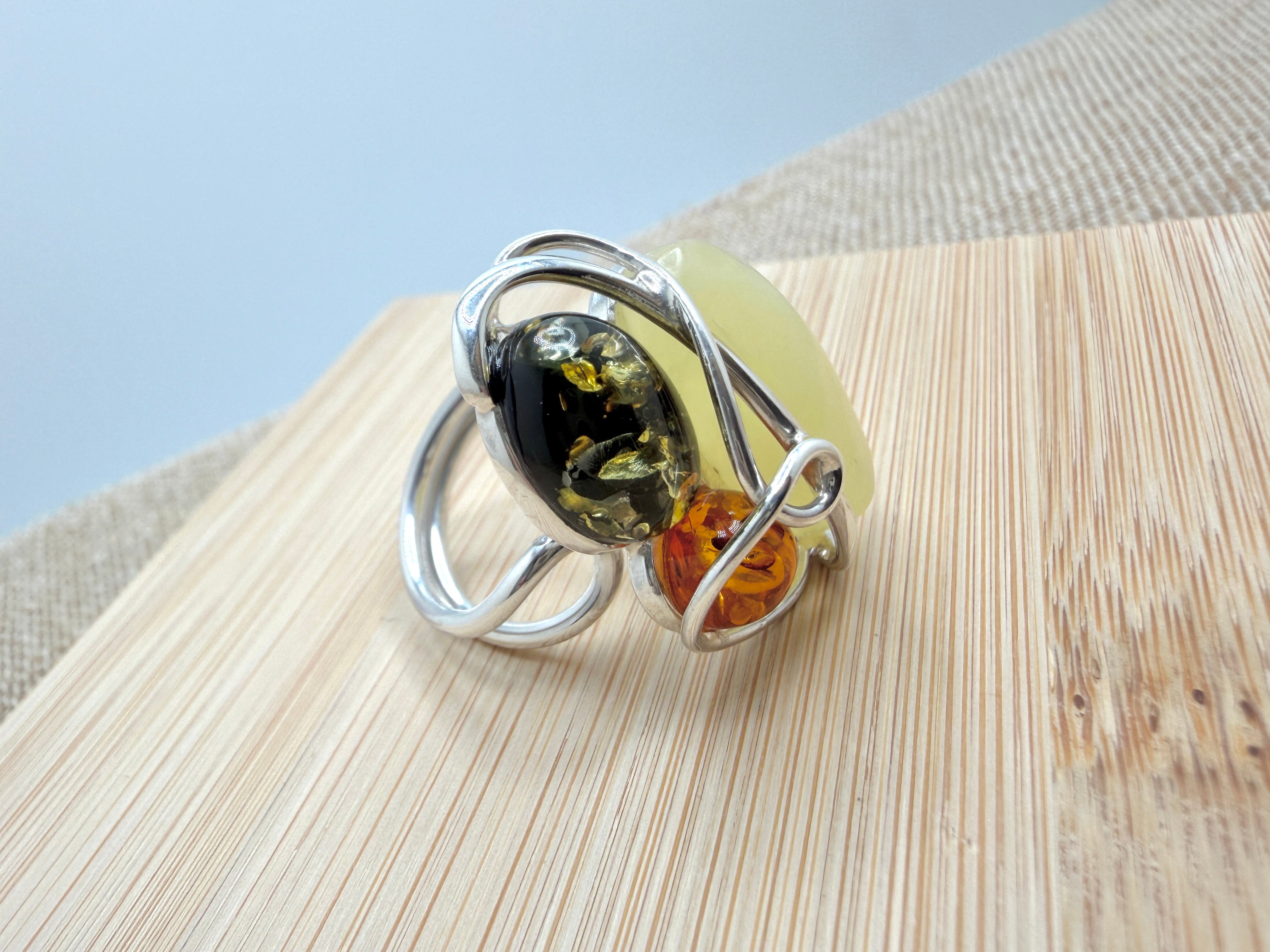 Sterling Silver & Genuine Baltic Amber Organic Swirl Ring