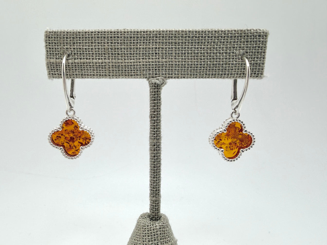Handmade in Poland • Sterling Silver & Genuine Cognac Baltic Amber Clover Jewelry Set