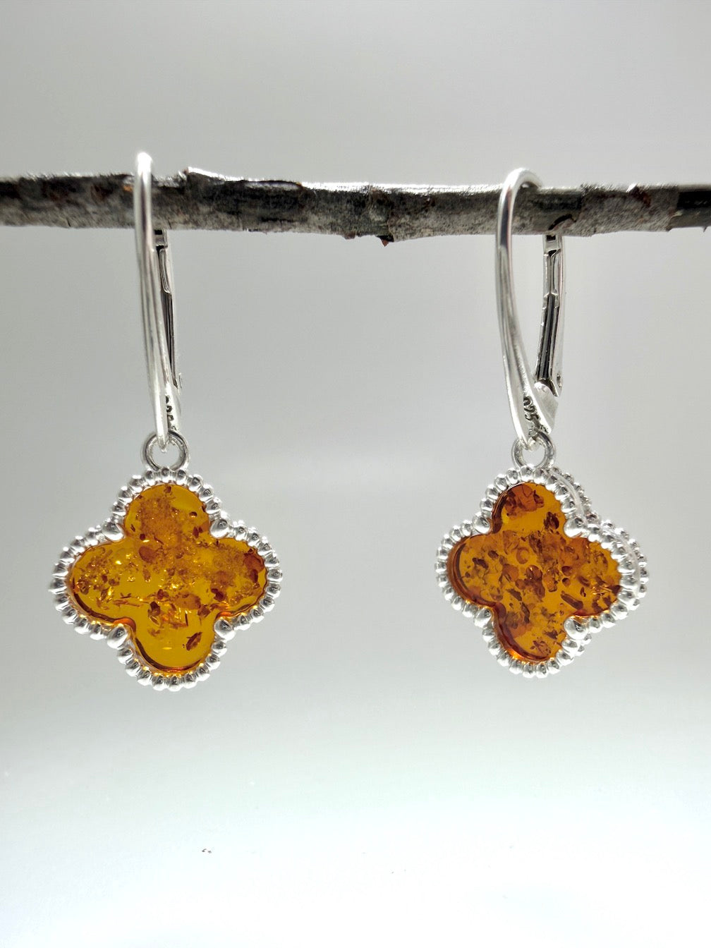 Handmade in Poland • Sterling Silver & Genuine Cognac Baltic Amber Clover Jewelry Set