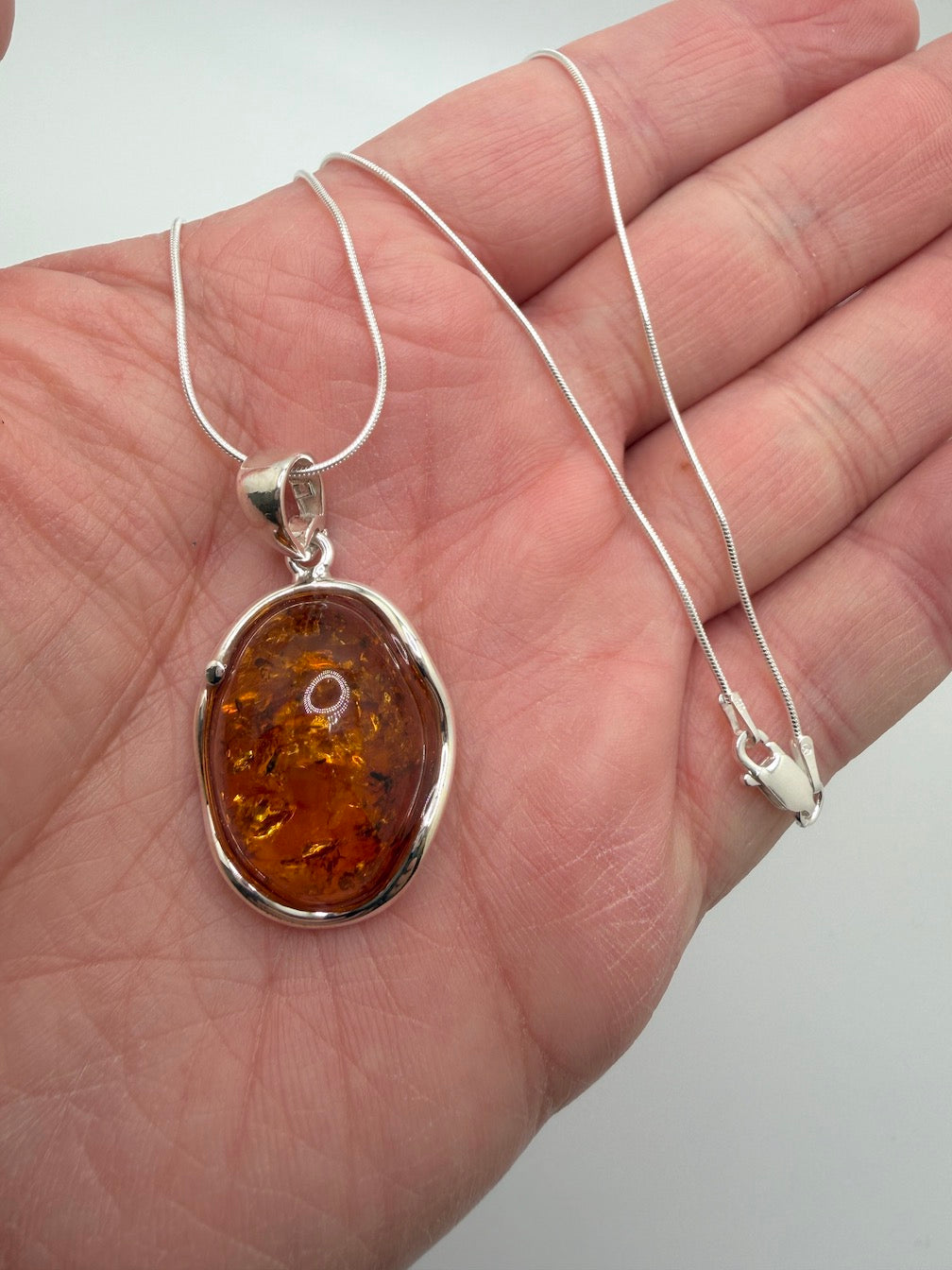 Honey Baltic Amber Handmade Oval Pendant on Sterling Silver Snake Chain