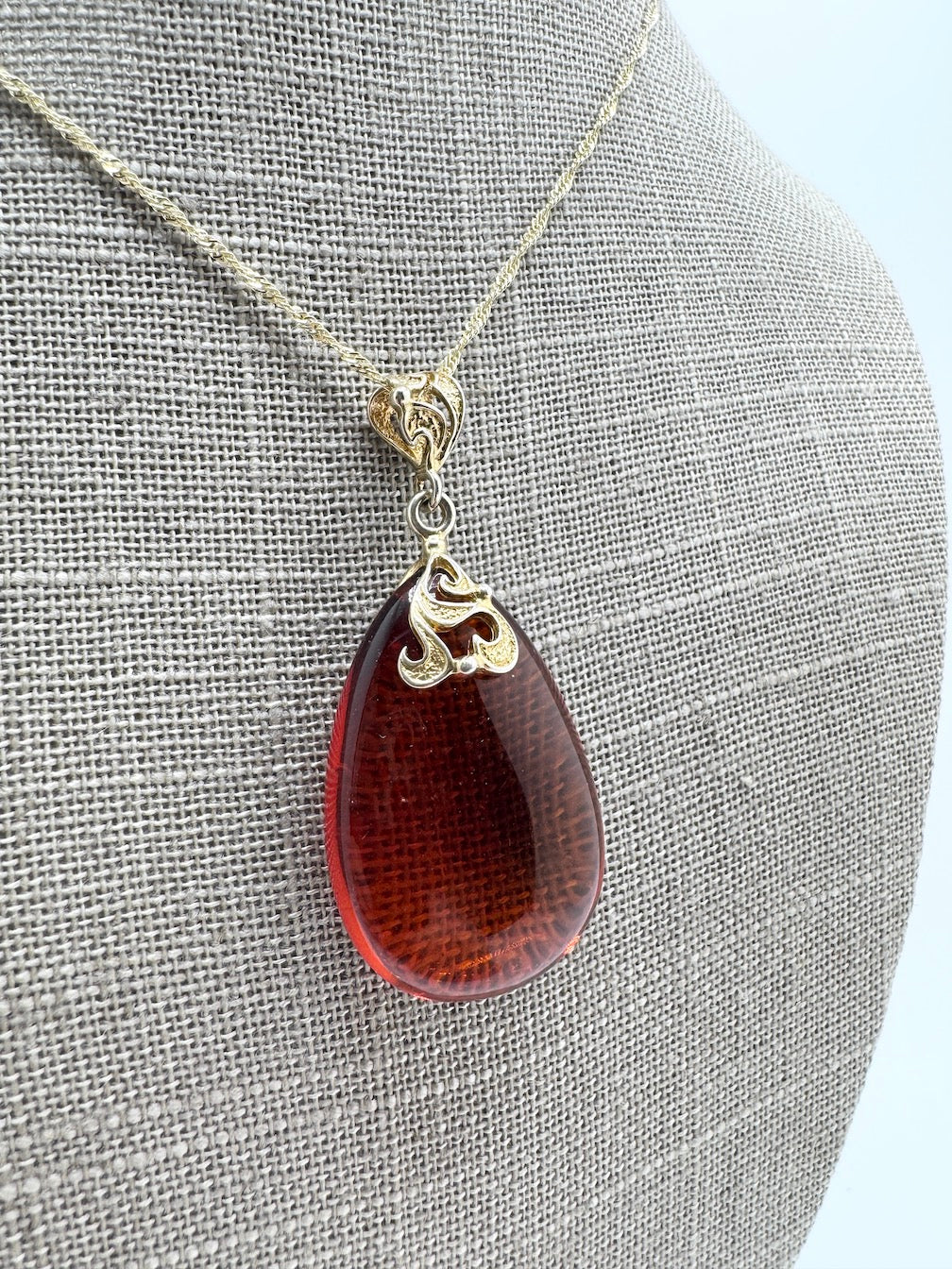 Honey Baltic Amber Pendant in Gold Plated Sterling Silver Filigree | 18” Twisted Box Chain | Elegant Baltic Amber Necklace