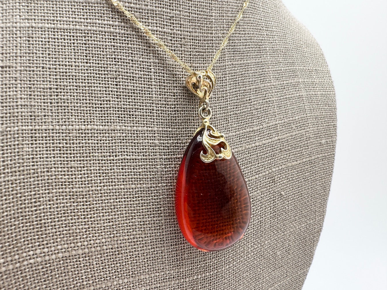 Honey Baltic Amber Pendant in Gold Plated Sterling Silver Filigree | 18” Twisted Box Chain | Elegant Baltic Amber Necklace