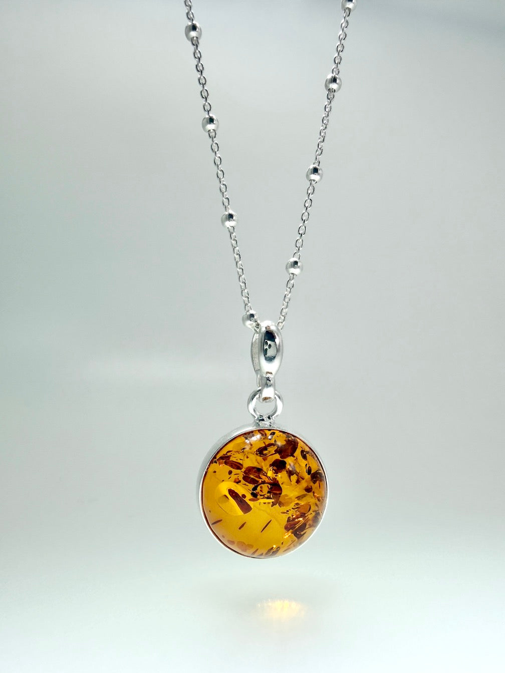 Honey Baltic Amber Round Pendant — Sterling Silver • Handmade in Poland