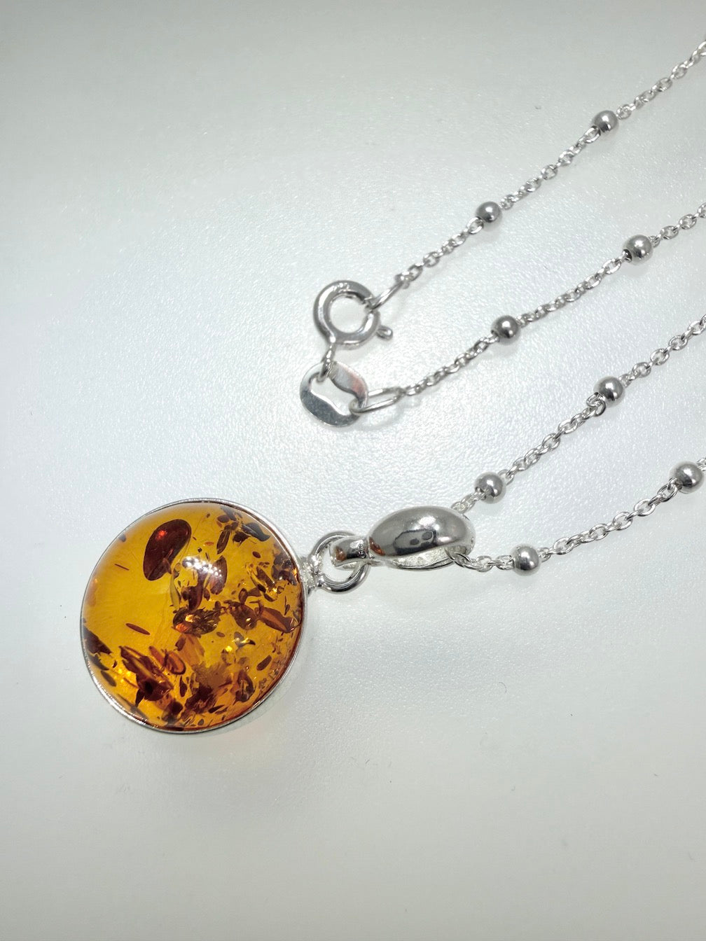 Honey Baltic Amber Round Pendant — Sterling Silver • Handmade in Poland