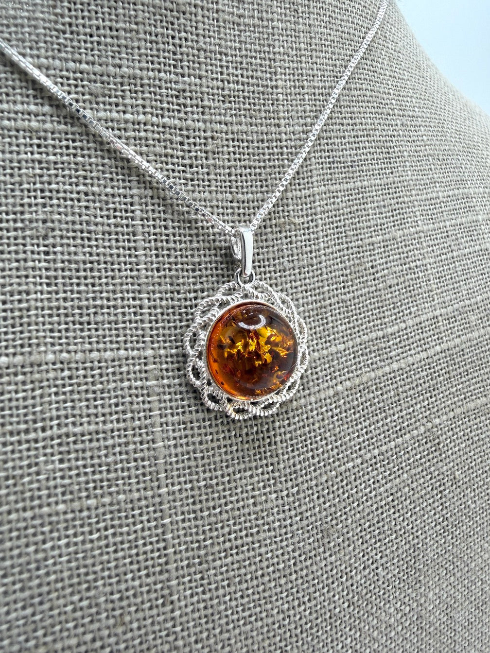 Honey Baltic Amber Round Pendant on Sterling Silver Chain