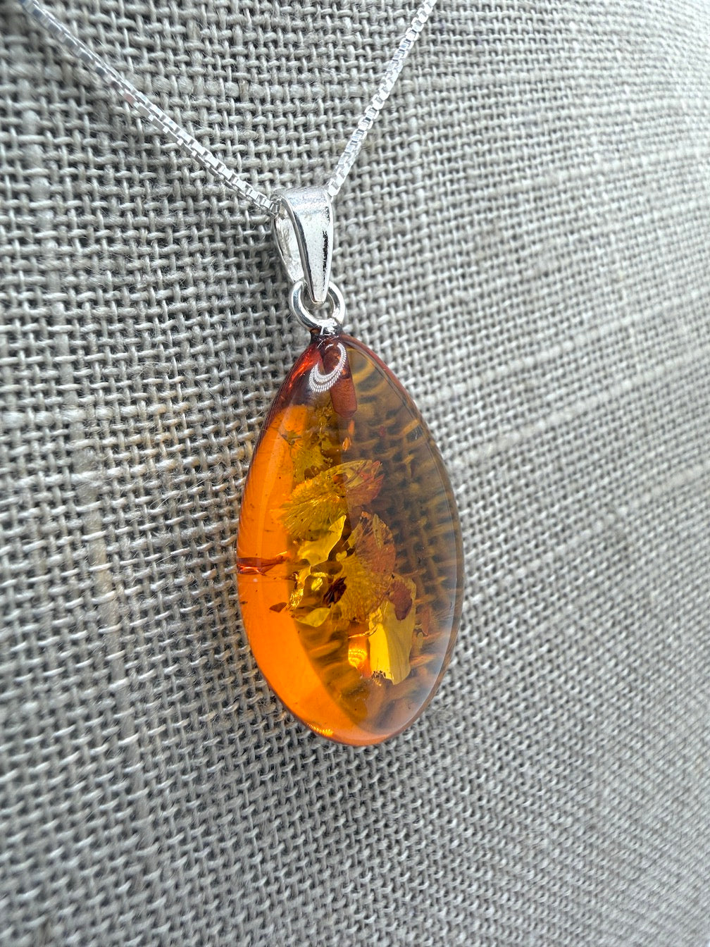 Honey Baltic Amber Teardrop Pendant – Sterling Silver Box Chain – Genuine Baltic Amber Necklace – Perfectly Polished – Everyday Layering Necklace – Handmade Amber Jewelry