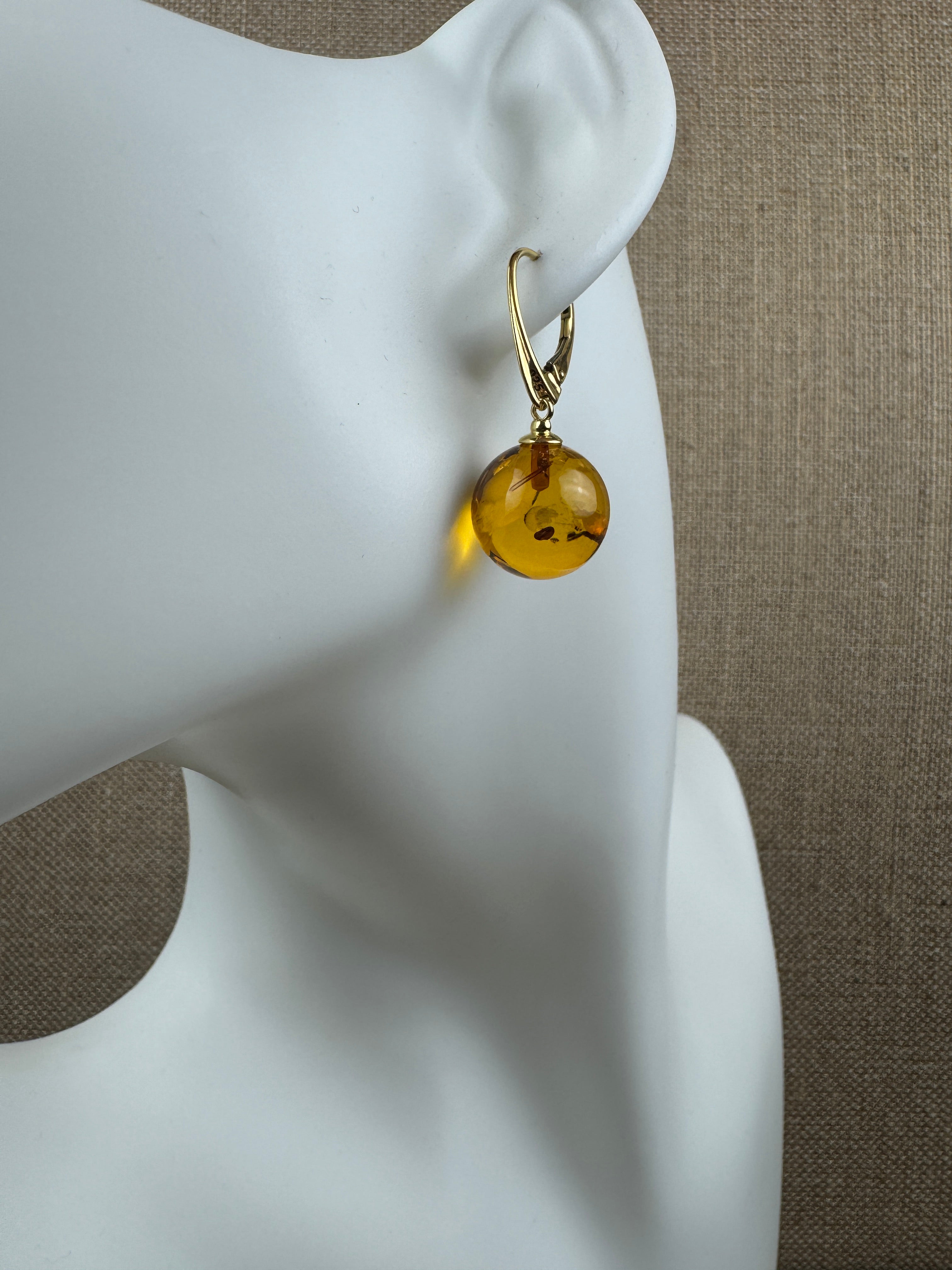 Honey Cognac Baltic Amber Gold Plated Sterling Silver Lever Back Ball Earrings