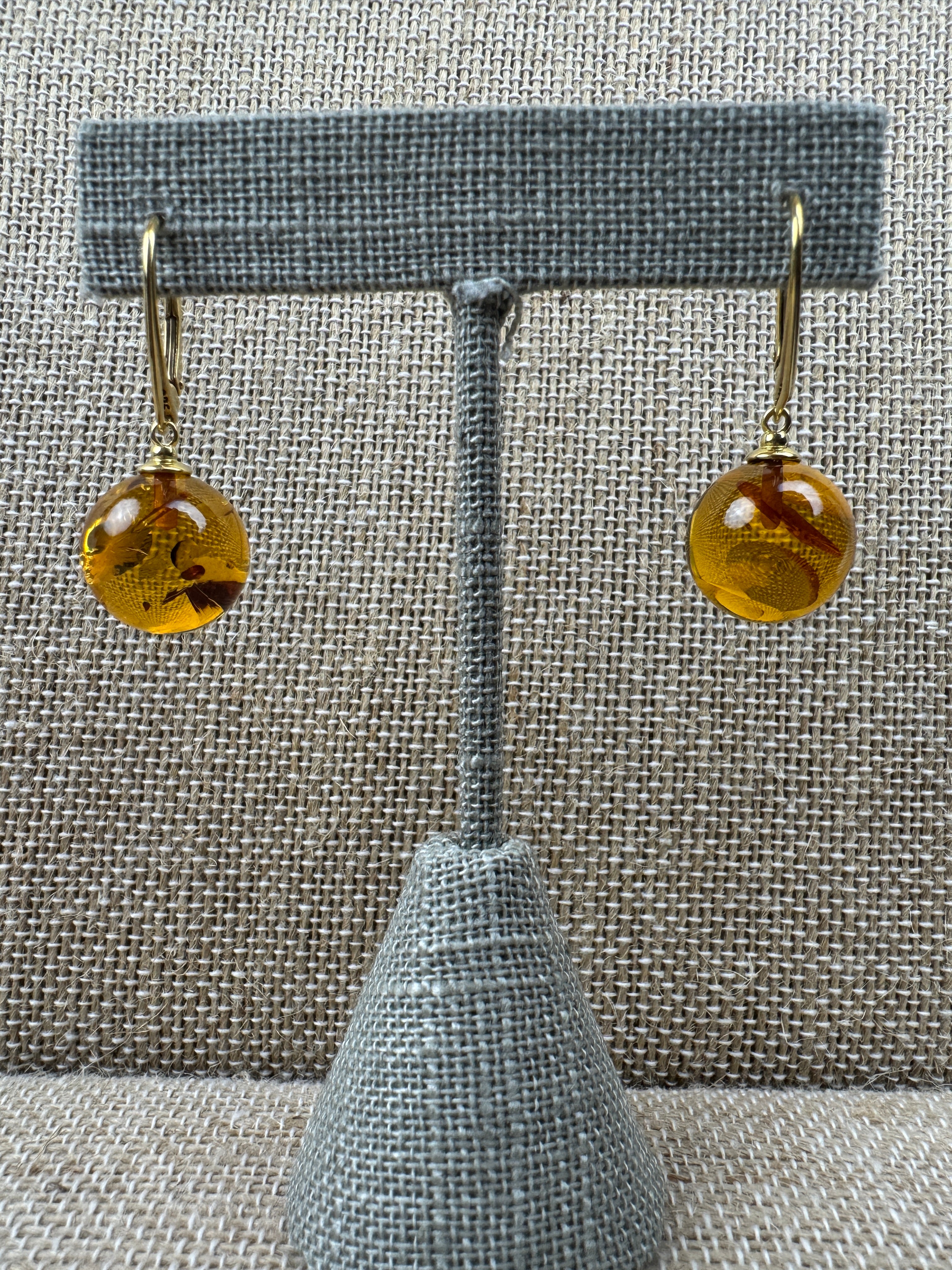 Honey Cognac Baltic Amber Gold Plated Sterling Silver Lever Back Ball Earrings
