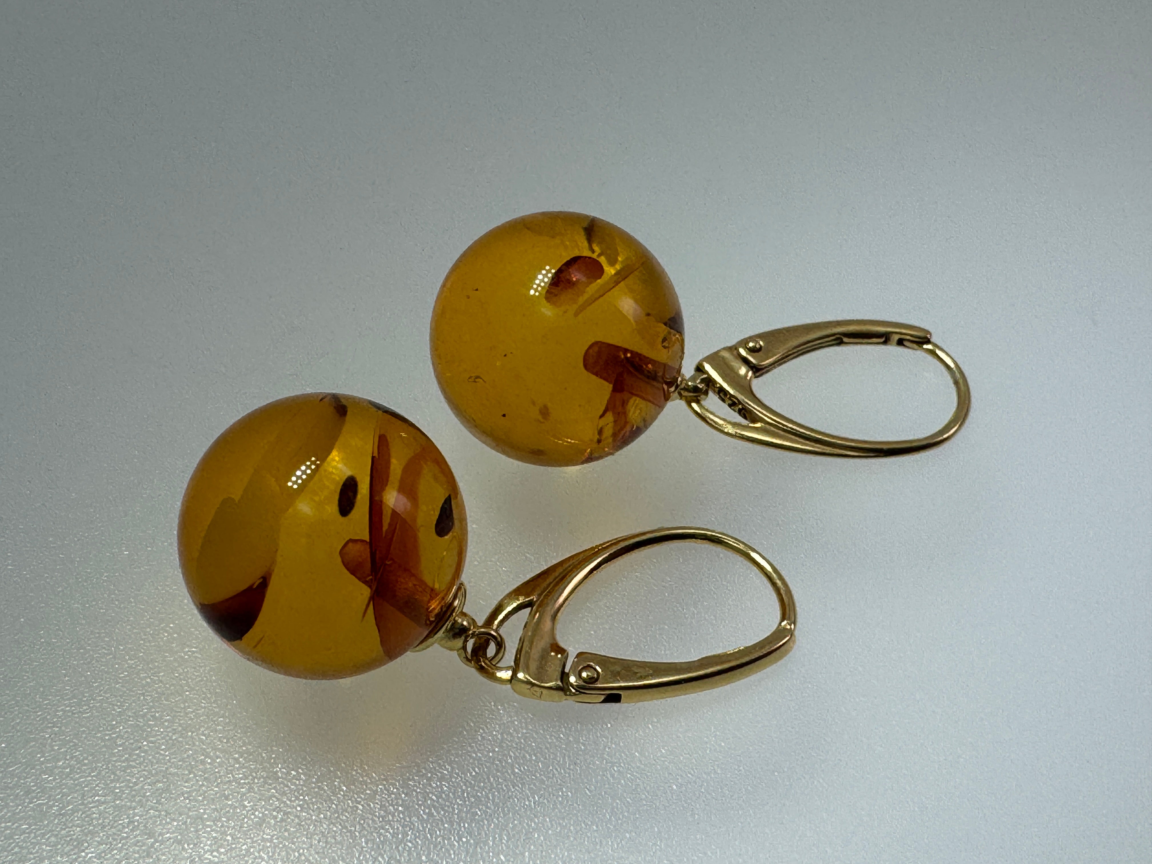 Honey Cognac Baltic Amber Gold Plated Sterling Silver Lever Back Ball Earrings