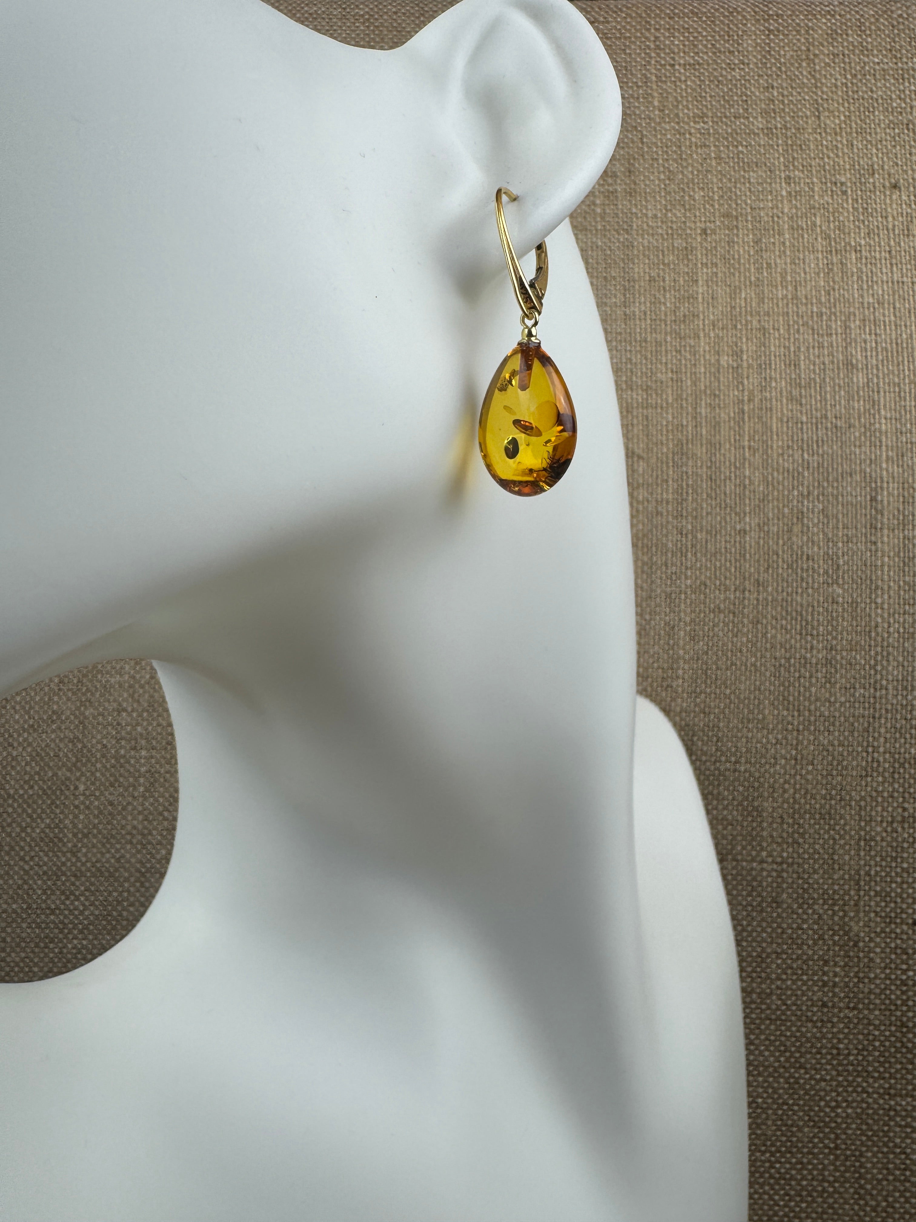 Honey Cognac Baltic Amber Teardrop Lever Back Earrings in Gold Plated Sterling Silver