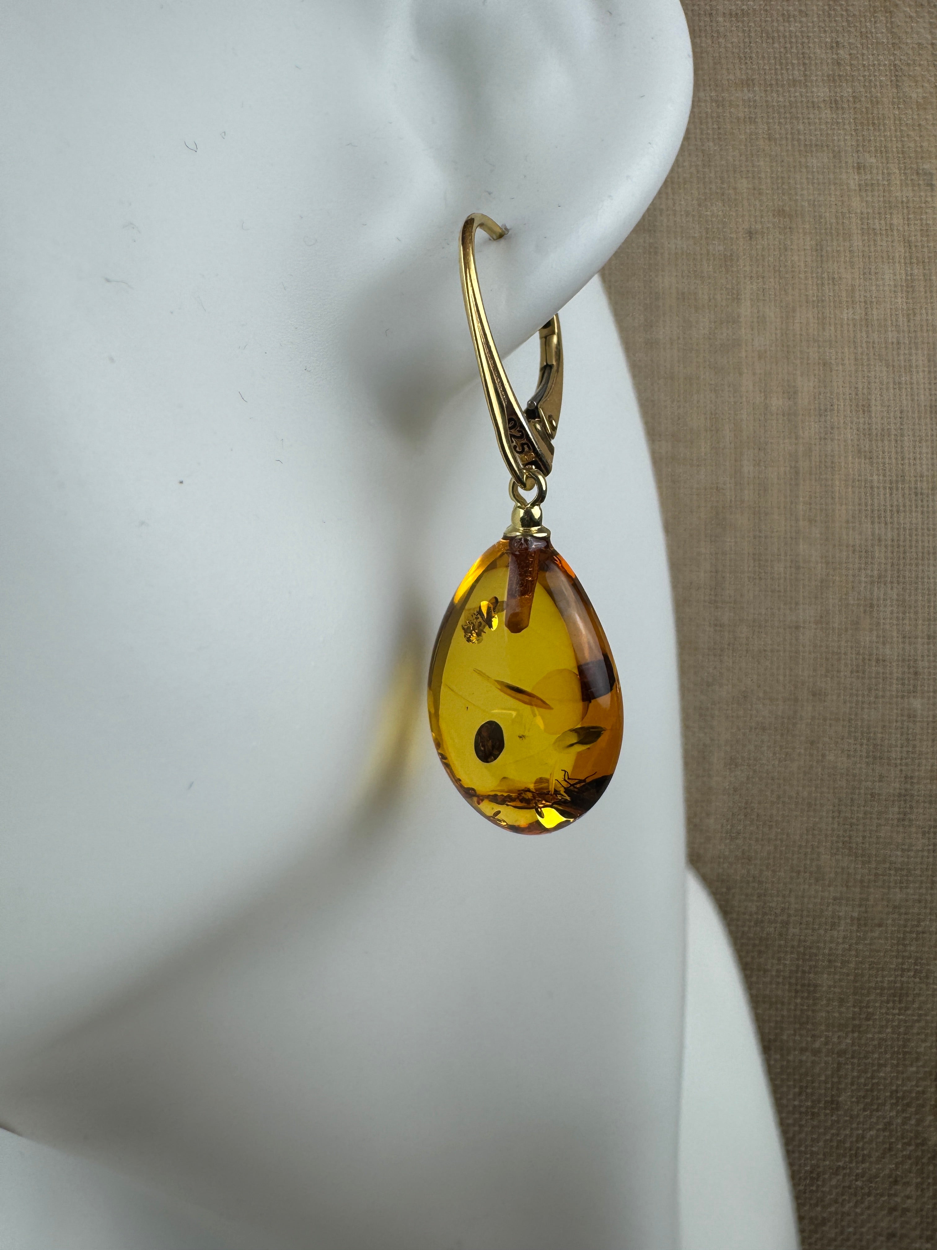 Honey Cognac Baltic Amber Teardrop Lever Back Earrings in Gold Plated Sterling Silver