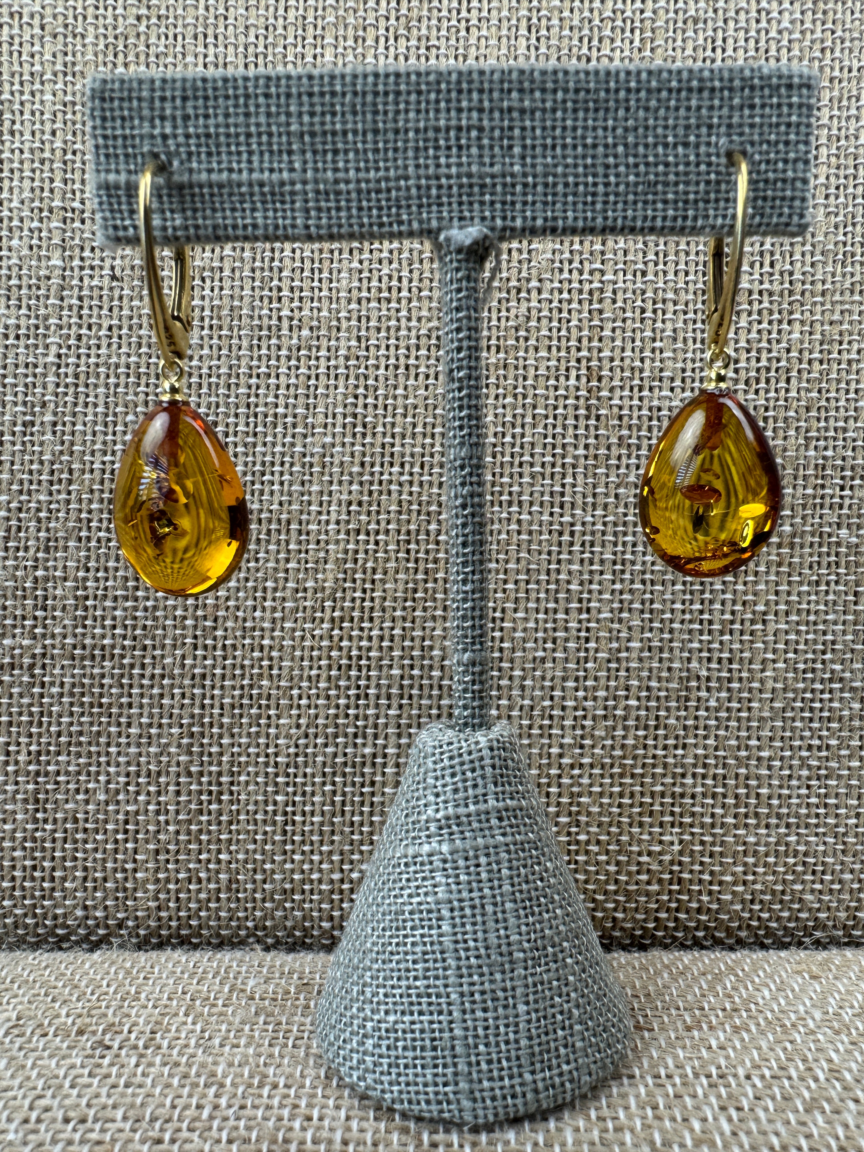Honey Cognac Baltic Amber Teardrop Lever Back Earrings in Gold Plated Sterling Silver