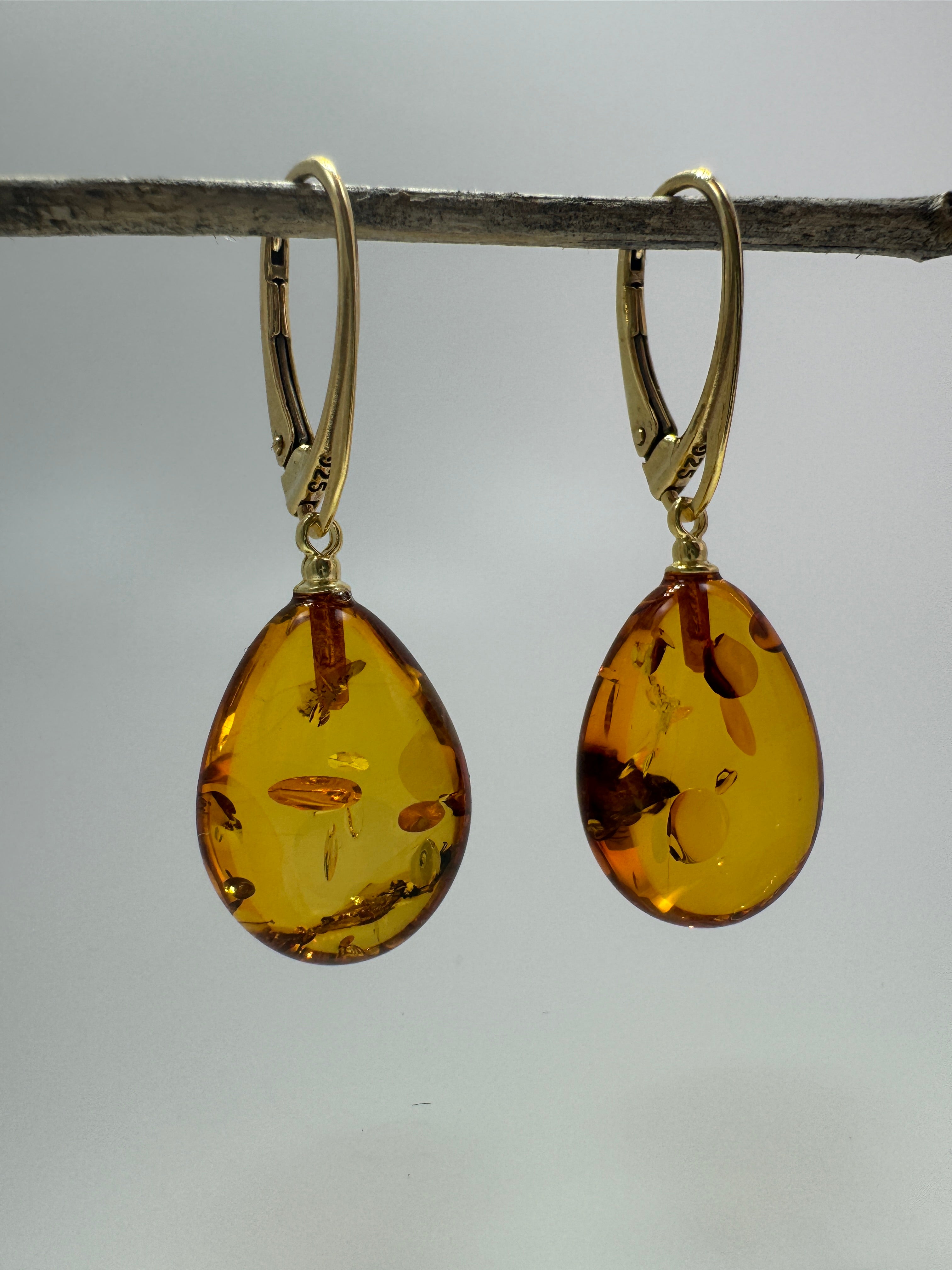 Honey Cognac Baltic Amber Teardrop Lever Back Earrings in Gold Plated Sterling Silver
