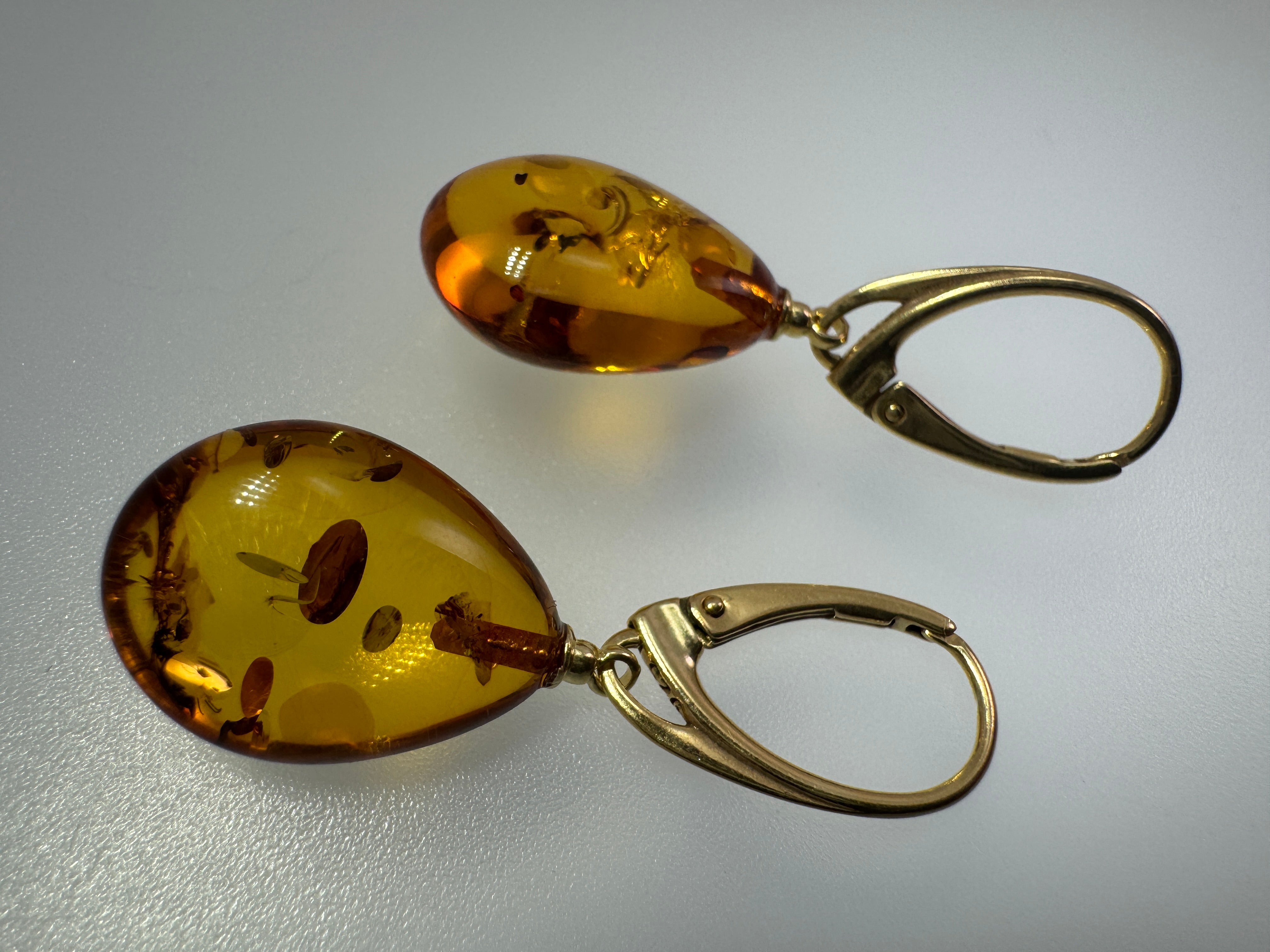 Honey Cognac Baltic Amber Teardrop Lever Back Earrings in Gold Plated Sterling Silver