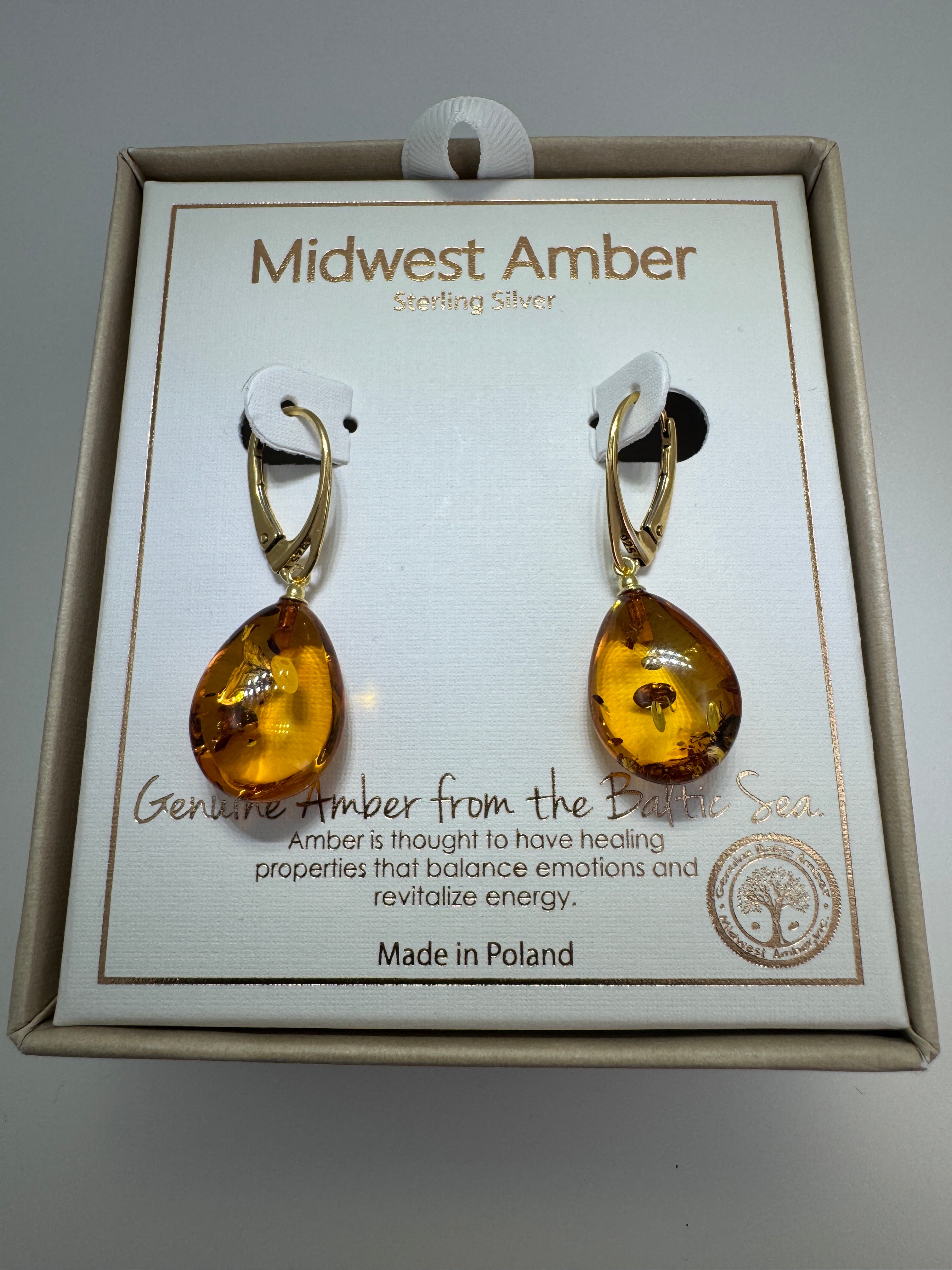 Honey Cognac Baltic Amber Teardrop Lever Back Earrings in Gold Plated Sterling Silver