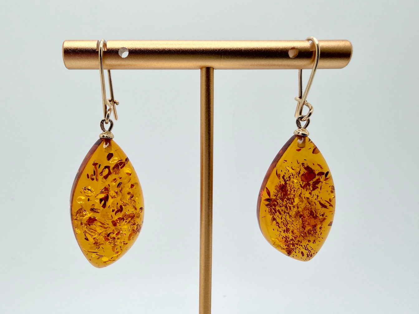 Handmade in Poland 14K Gold & Honey Baltic Amber Drop Earrings – Large Organic Amber Dangles, Lightweight Everyday Earrings