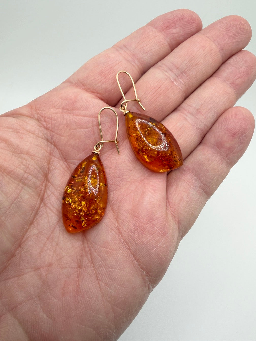 Handmade in Poland 14K Gold & Honey Baltic Amber Drop Earrings – Large Organic Amber Dangles, Lightweight Everyday Earrings