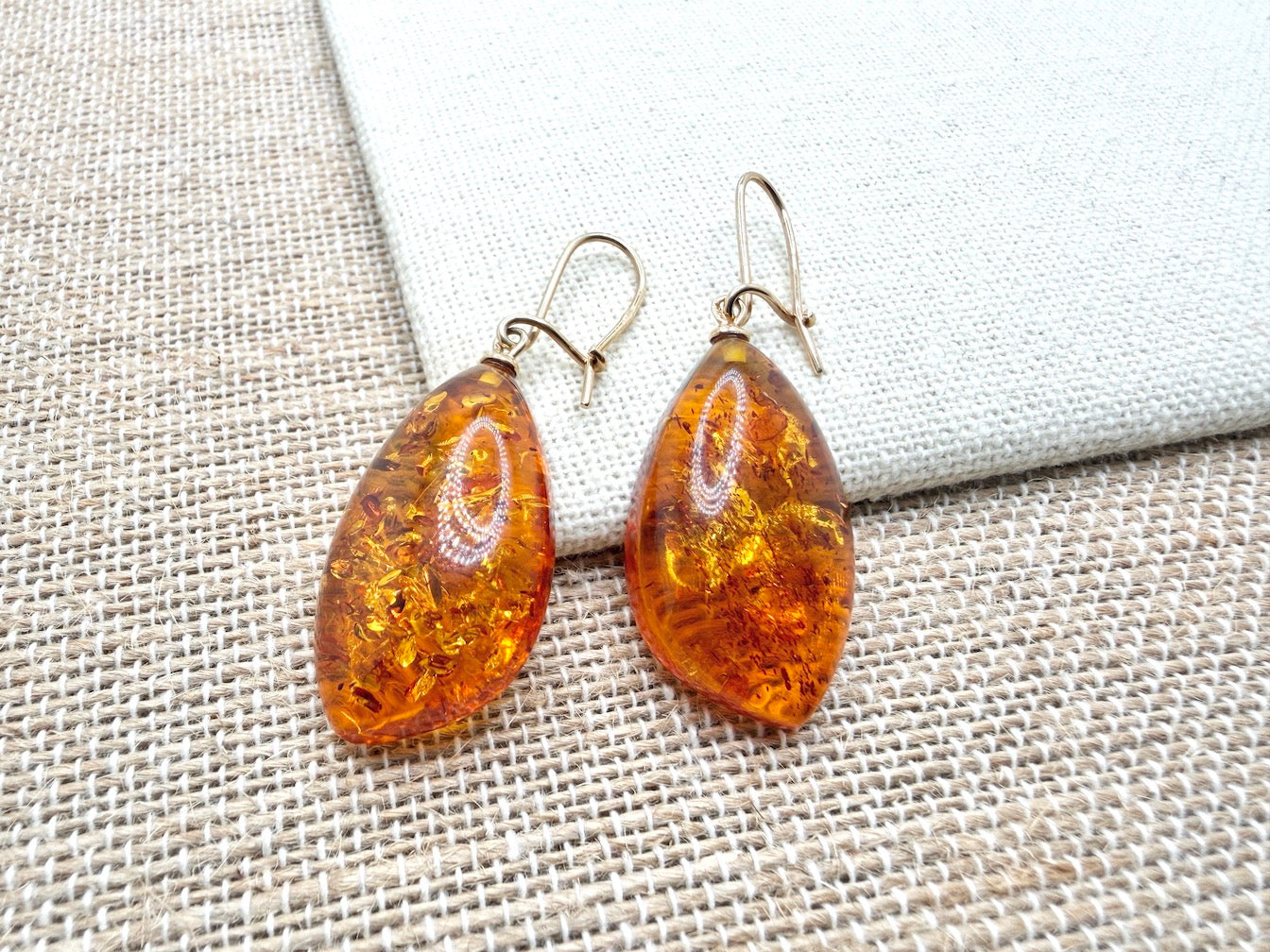 Handmade in Poland 14K Gold & Honey Baltic Amber Drop Earrings – Large Organic Amber Dangles, Lightweight Everyday Earrings