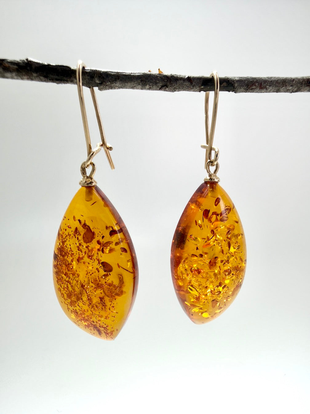 Handmade in Poland 14K Gold & Honey Baltic Amber Drop Earrings – Large Organic Amber Dangles, Lightweight Everyday Earrings