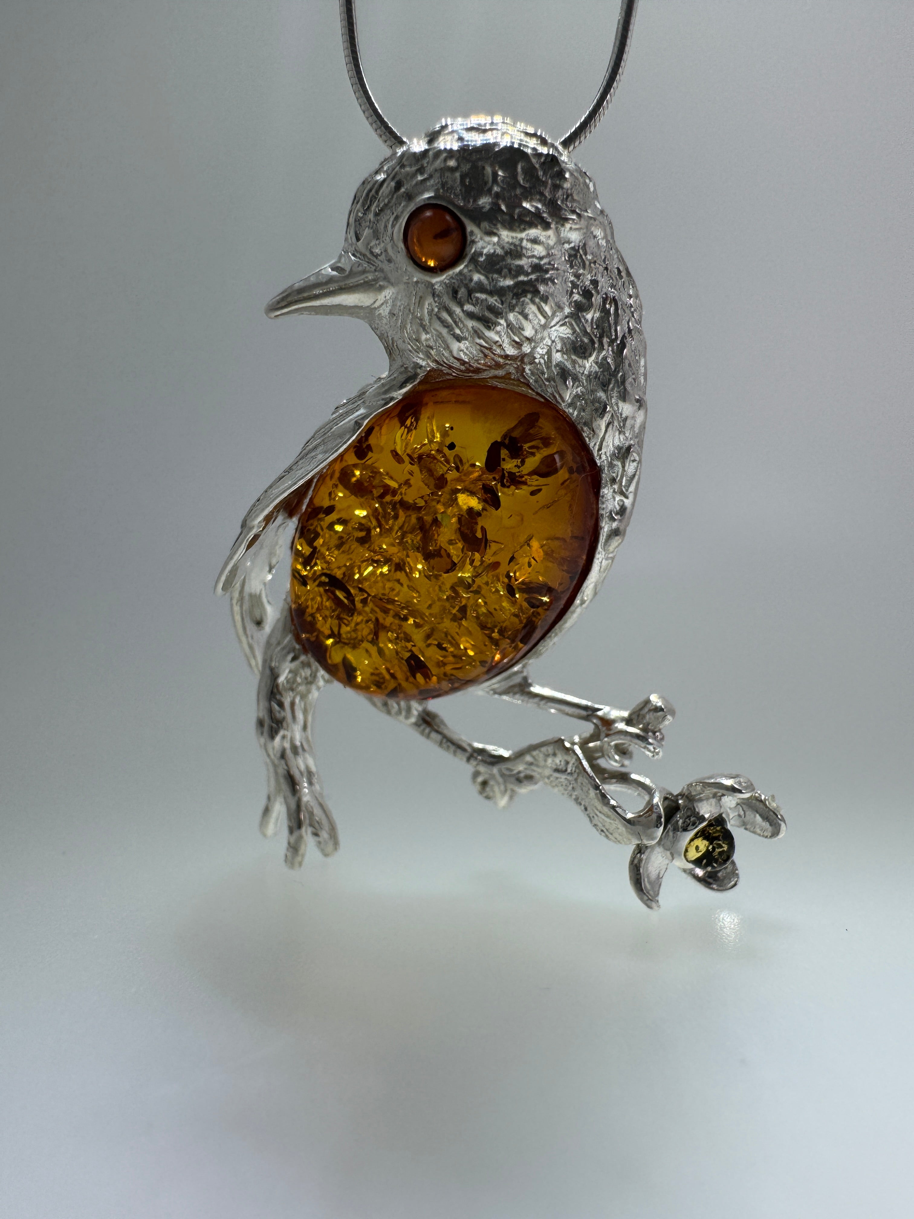 Sterling Silver Baltic Amber Bird Pendant Brooch – Cognac or Butterscotch Cabochon & Gold-Plated Accents