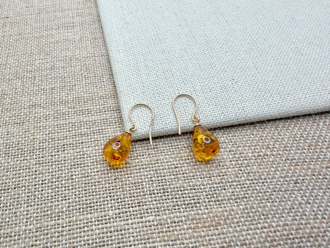 Handmade in Poland 14K Gold & Cognac Baltic Amber Pear Shape Earrings – Lightweight Everyday Amber Drop Earrings