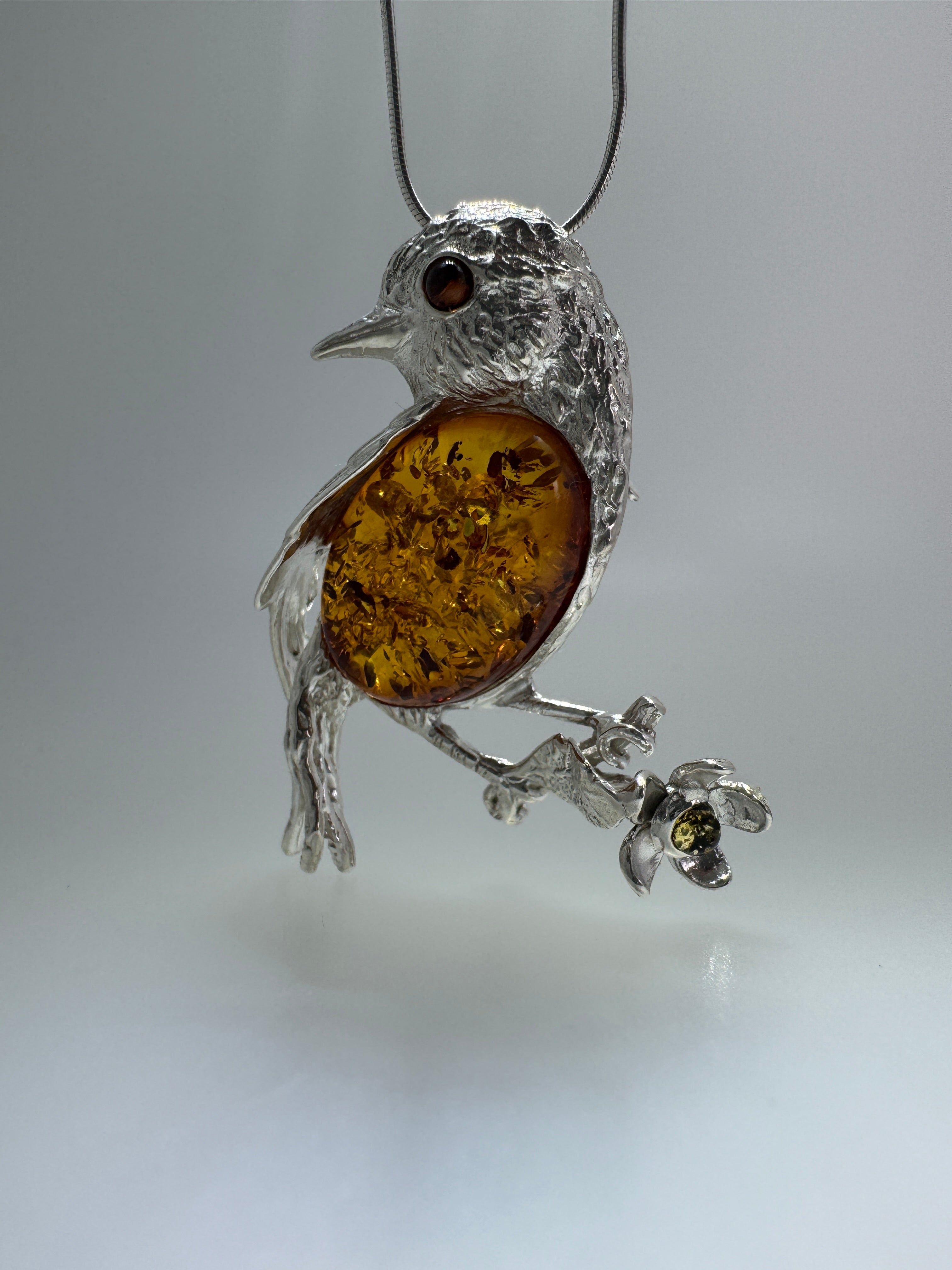 Sterling Silver Baltic Amber Bird Pendant Brooch – Cognac or Butterscotch Cabochon & Gold-Plated Accents