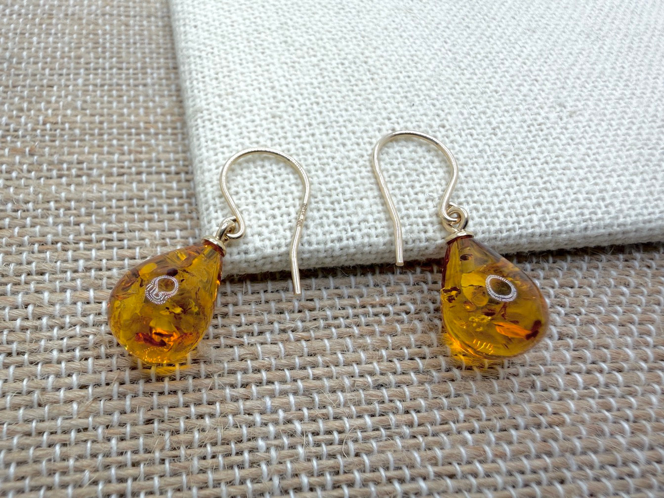 Handmade in Poland 14K Gold & Cognac Baltic Amber Pear Shape Earrings – Lightweight Everyday Amber Drop Earrings
