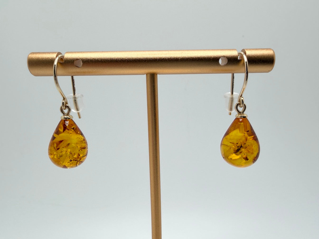 Handmade in Poland 14K Gold & Cognac Baltic Amber Pear Shape Earrings – Lightweight Everyday Amber Drop Earrings