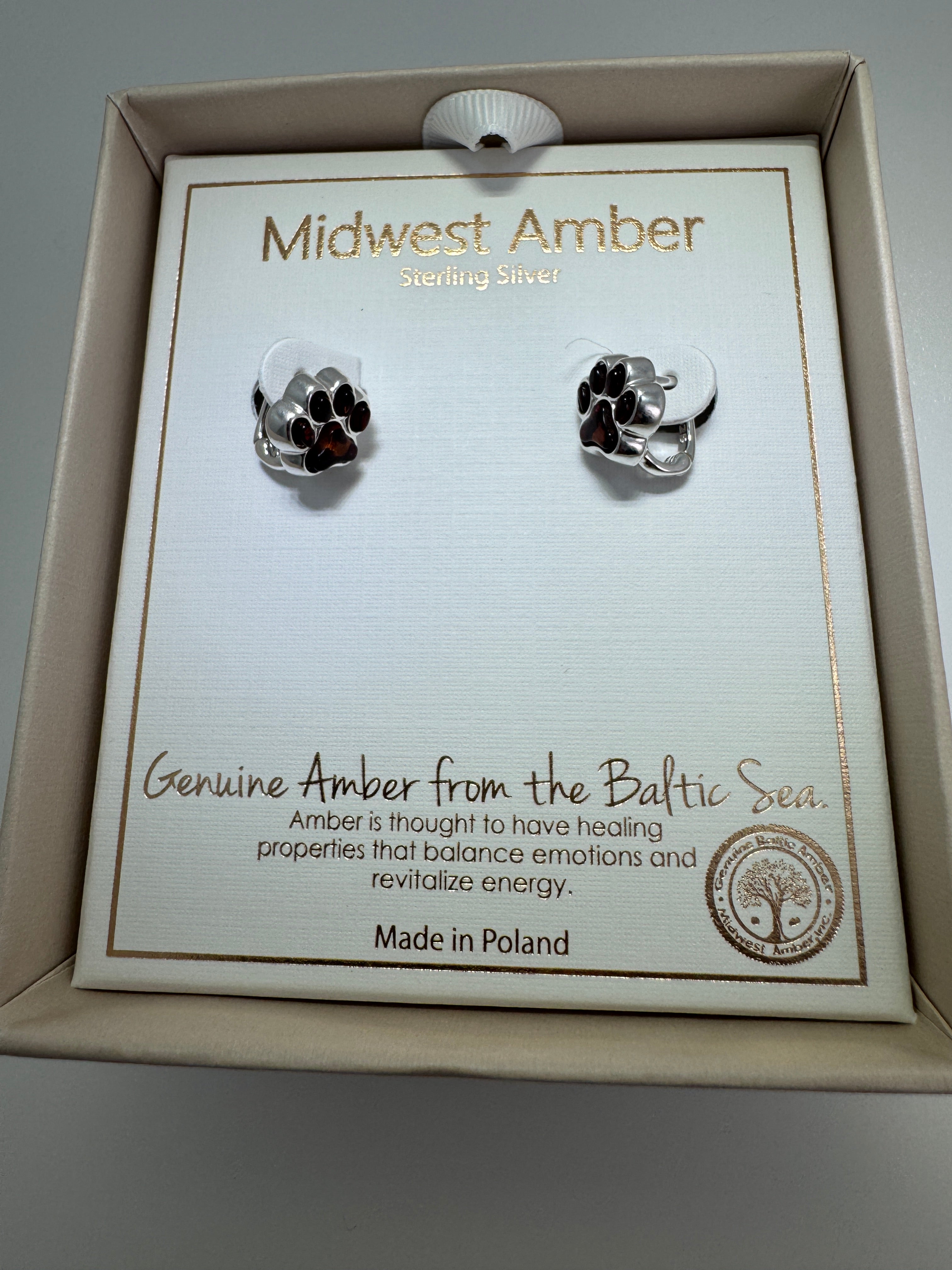Sterling Silver Baltic Amber Dog Paw Earrings with English Lock | Handmade in Poland – Cognac or Green