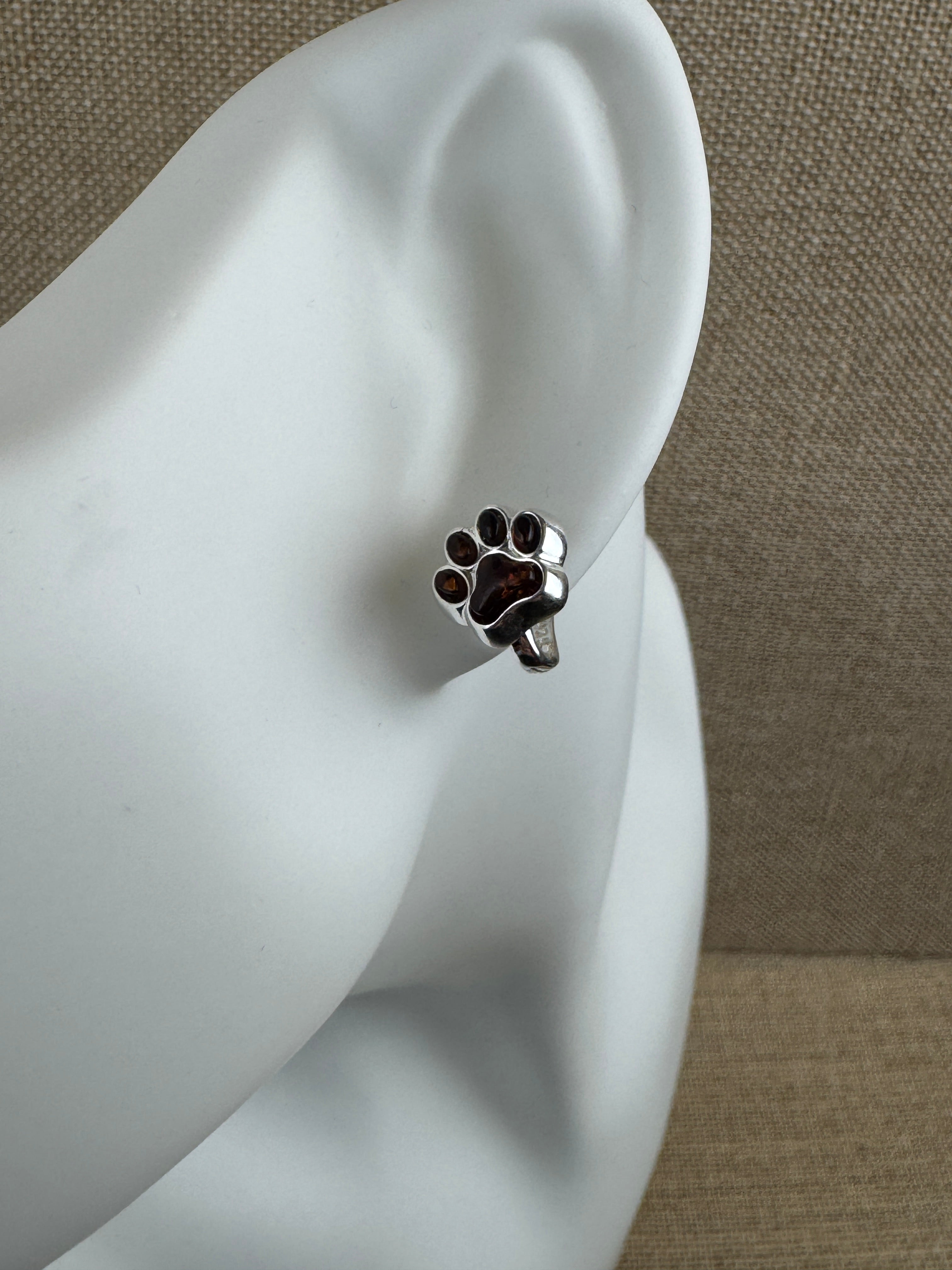 Sterling Silver Baltic Amber Dog Paw Earrings with English Lock | Handmade in Poland – Cognac or Green