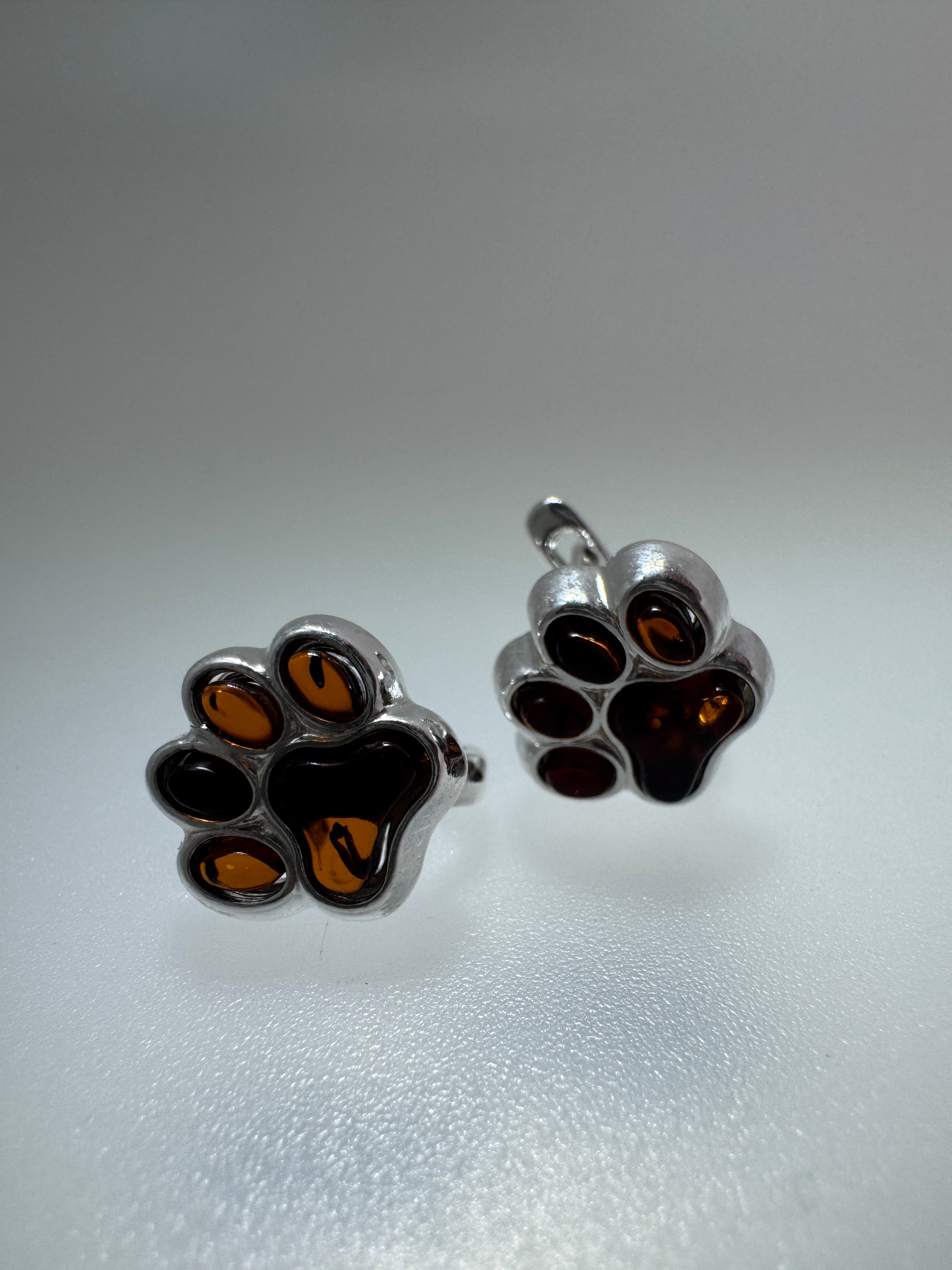 Sterling Silver Baltic Amber Dog Paw Earrings with English Lock | Handmade in Poland – Cognac or Green