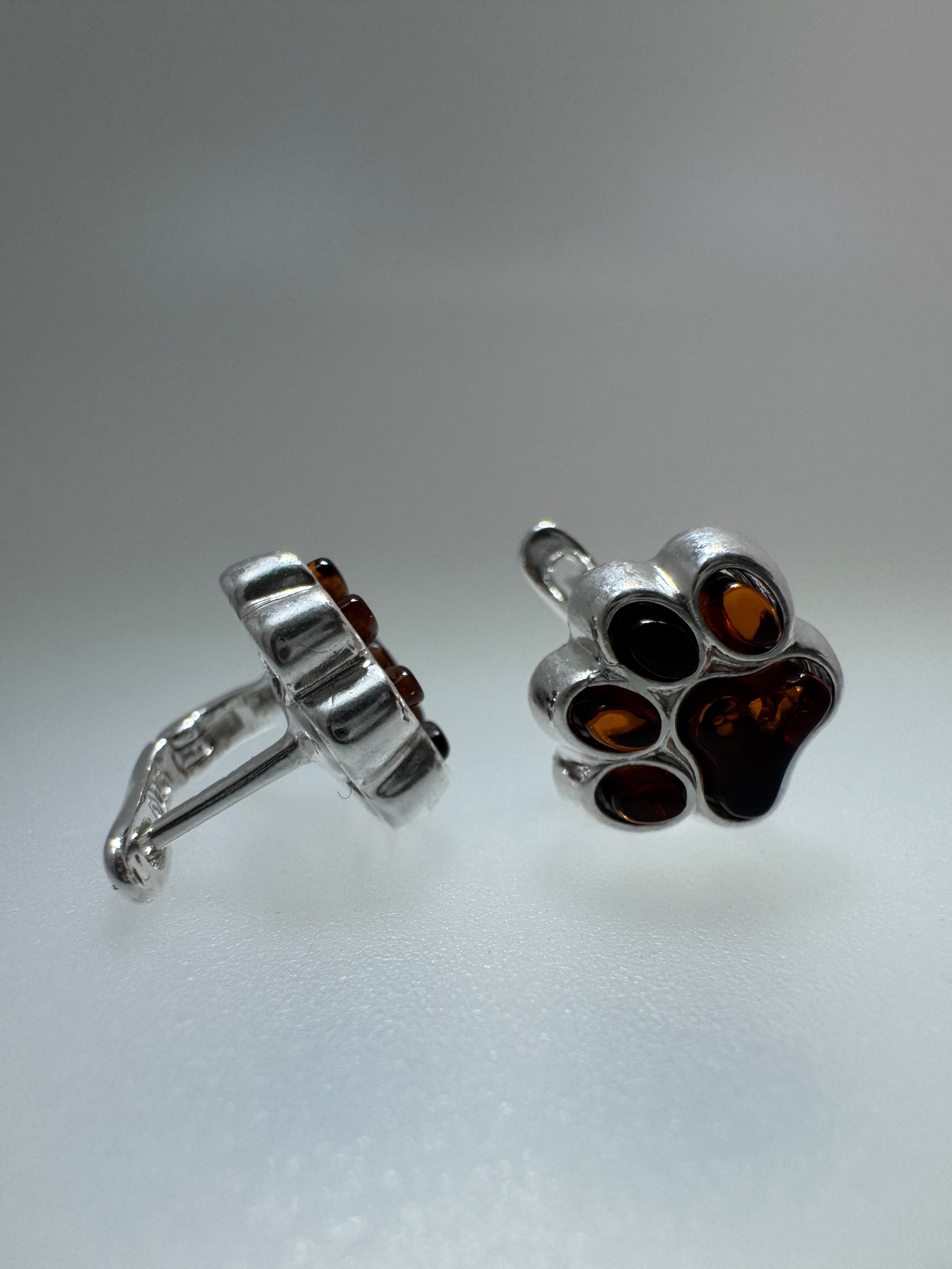 Sterling Silver Baltic Amber Dog Paw Earrings with English Lock | Handmade in Poland – Cognac or Green