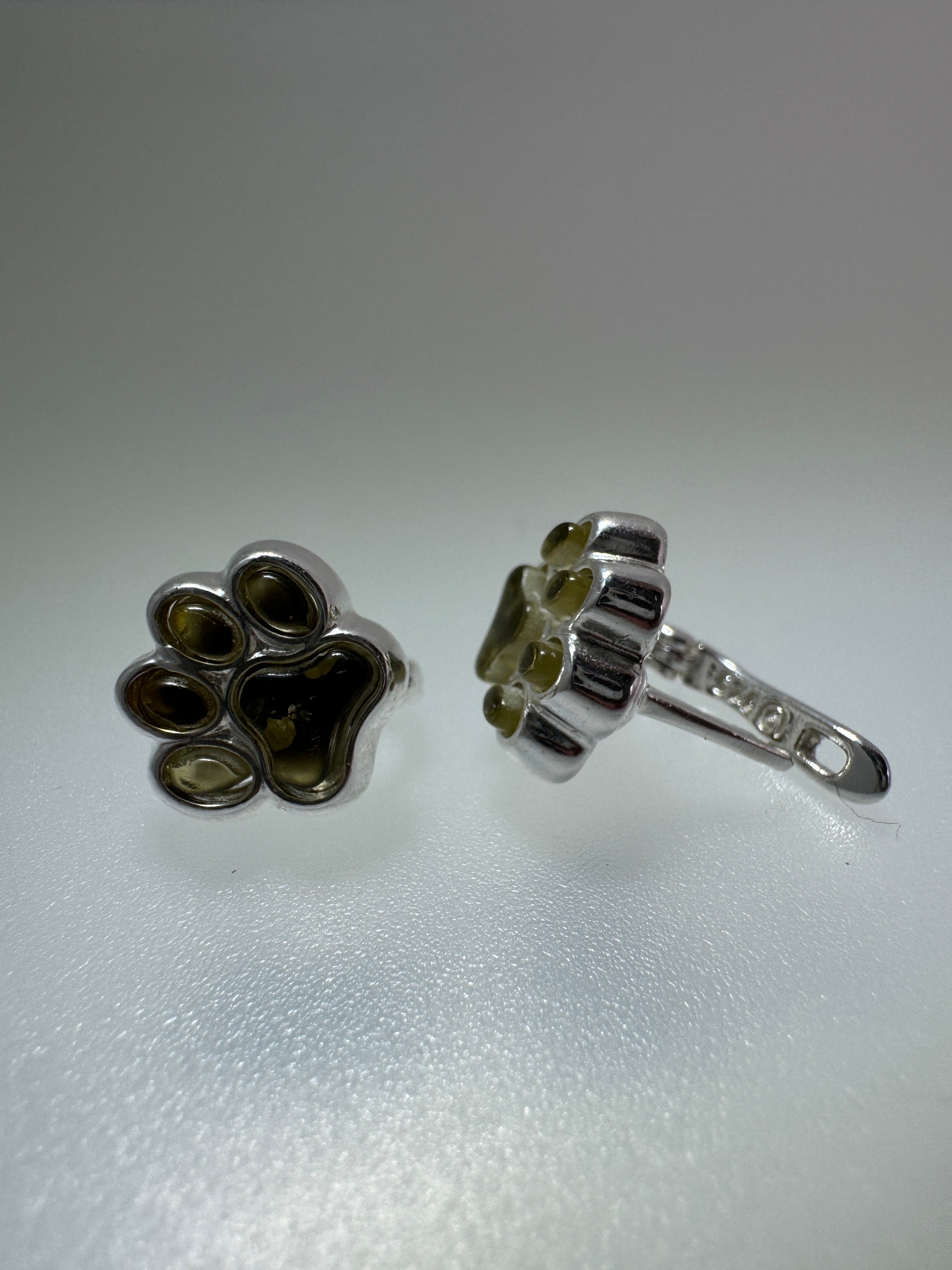 Sterling Silver Baltic Amber Dog Paw Earrings with English Lock | Handmade in Poland – Cognac or Green