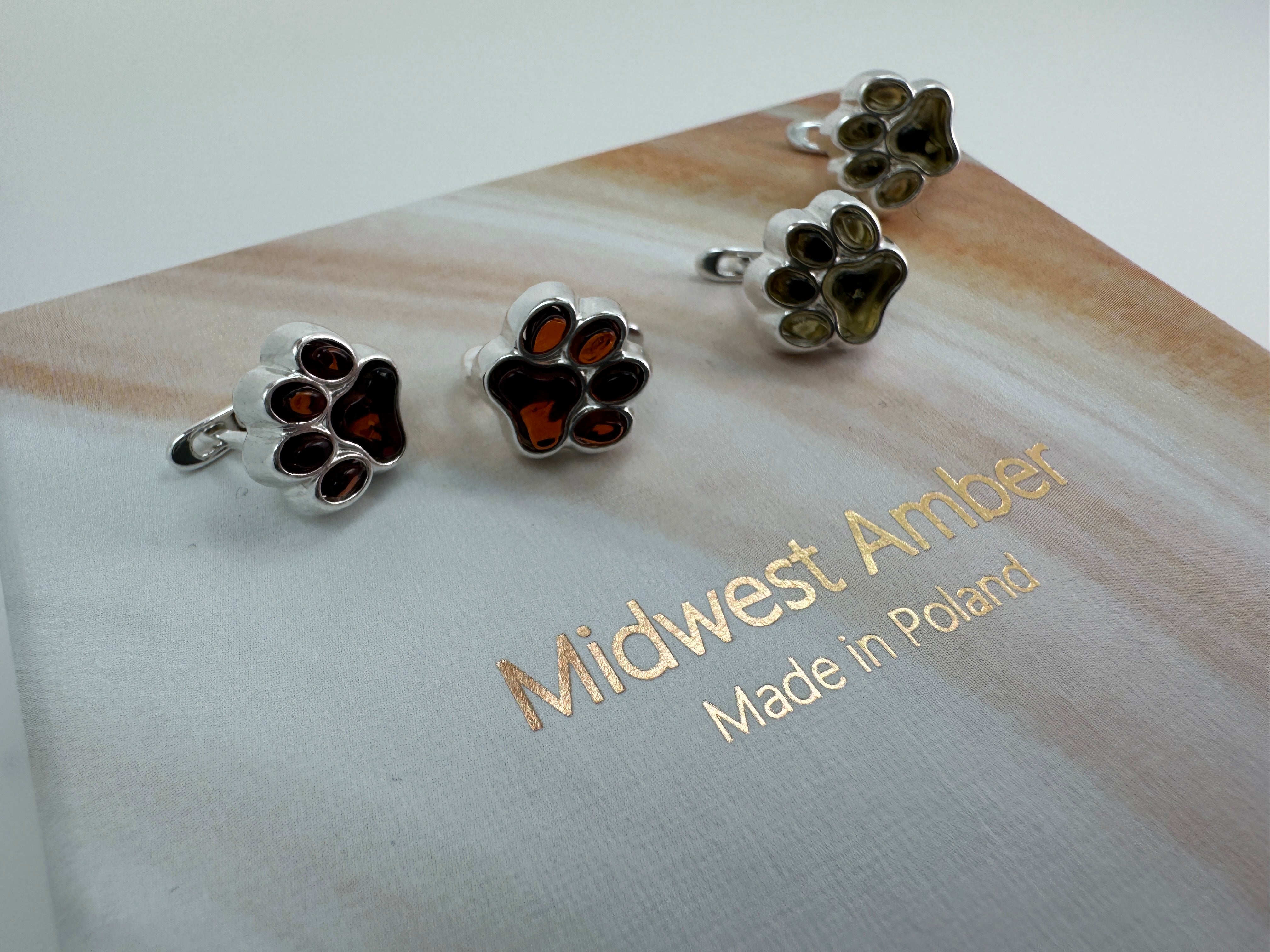 Sterling Silver Baltic Amber Dog Paw Earrings with English Lock | Handmade in Poland – Cognac or Green