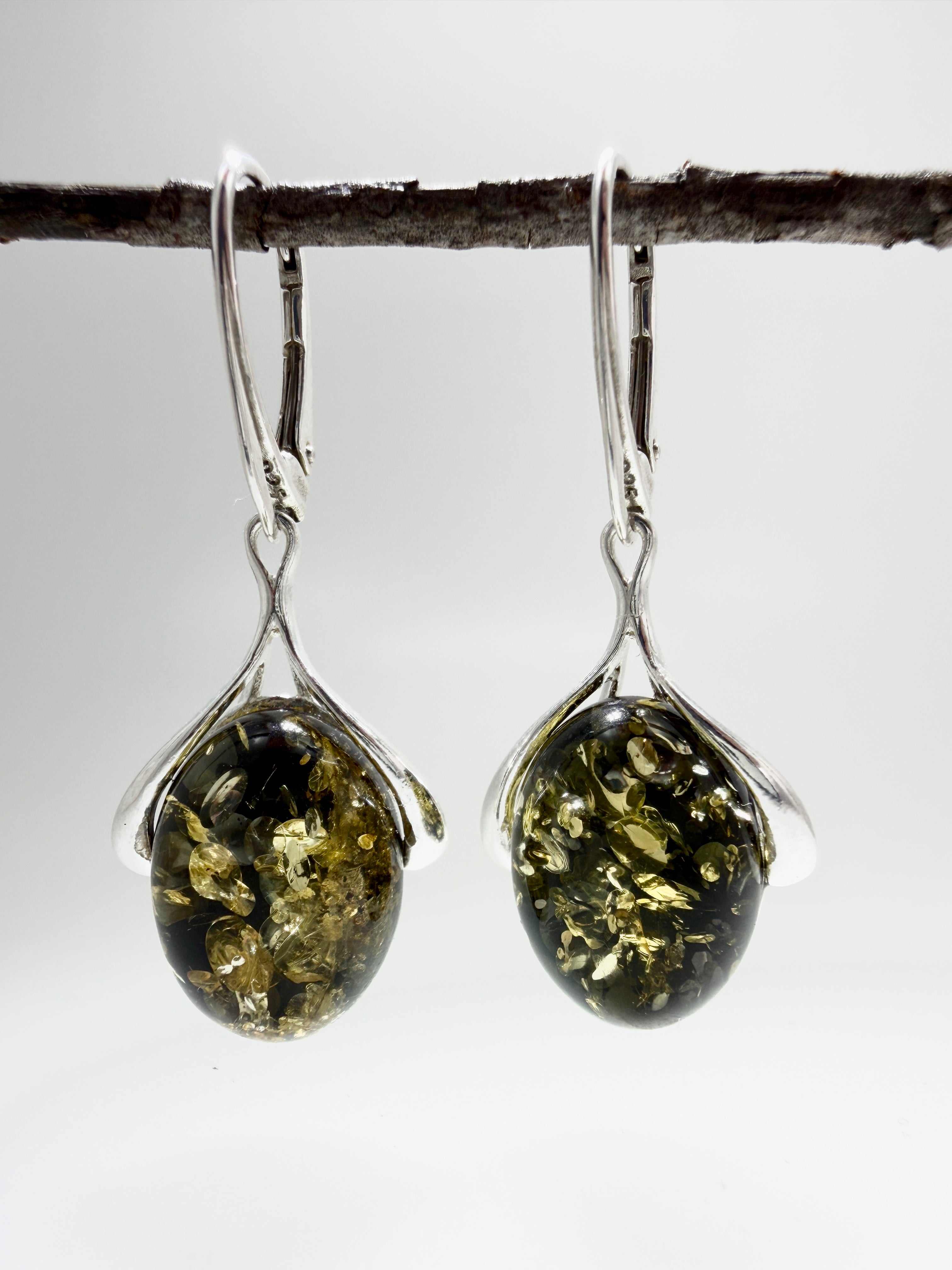 Sterling Silver Baltic Amber Star & Ribbon Drop Lever Back Earrings | Cognac or Green Amber | Elegant Lightweight Dangle Jewelry