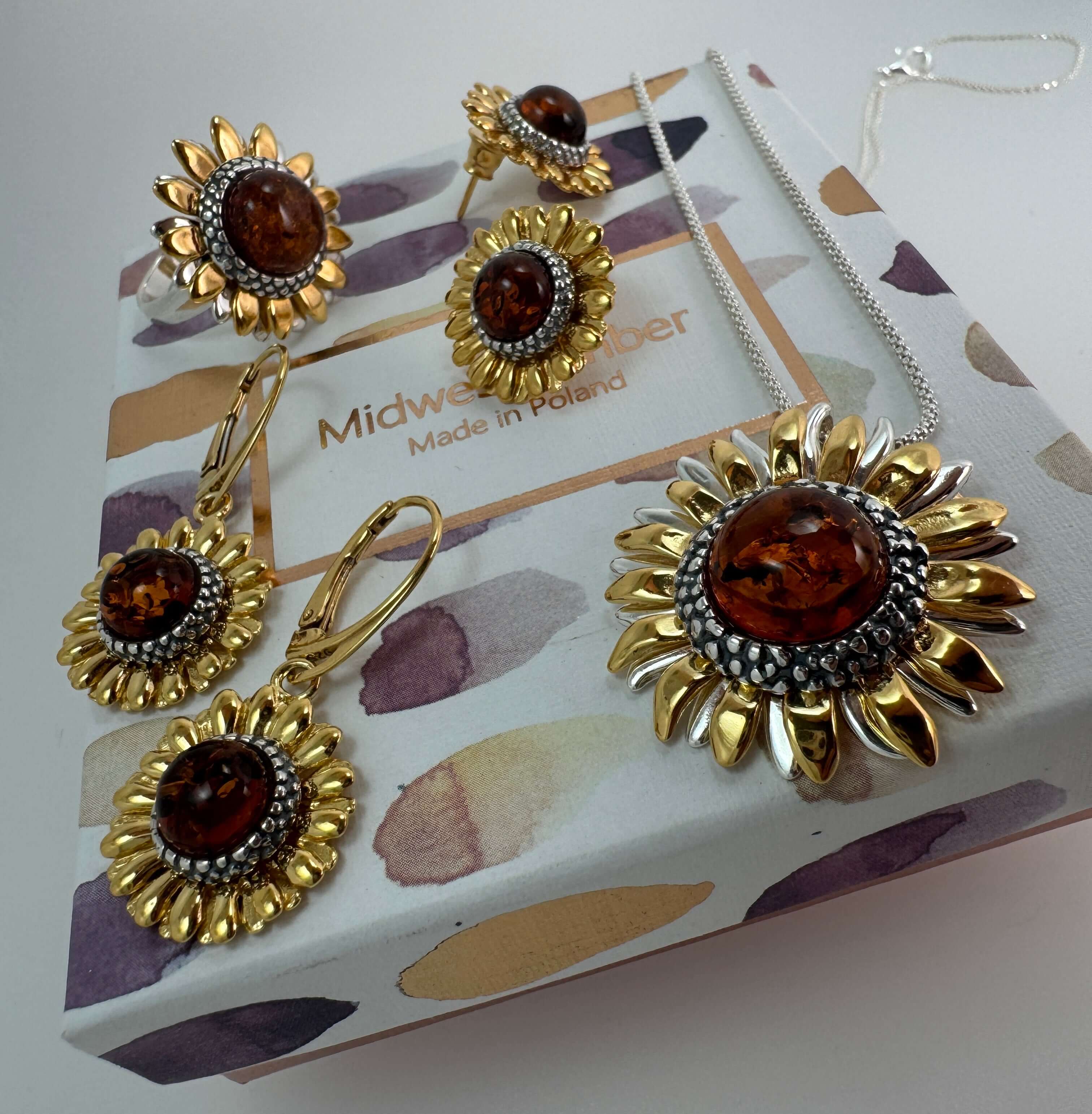 Sterling Silver & Genuine Baltic Amber Sunflower Ring – Handmade in Poland